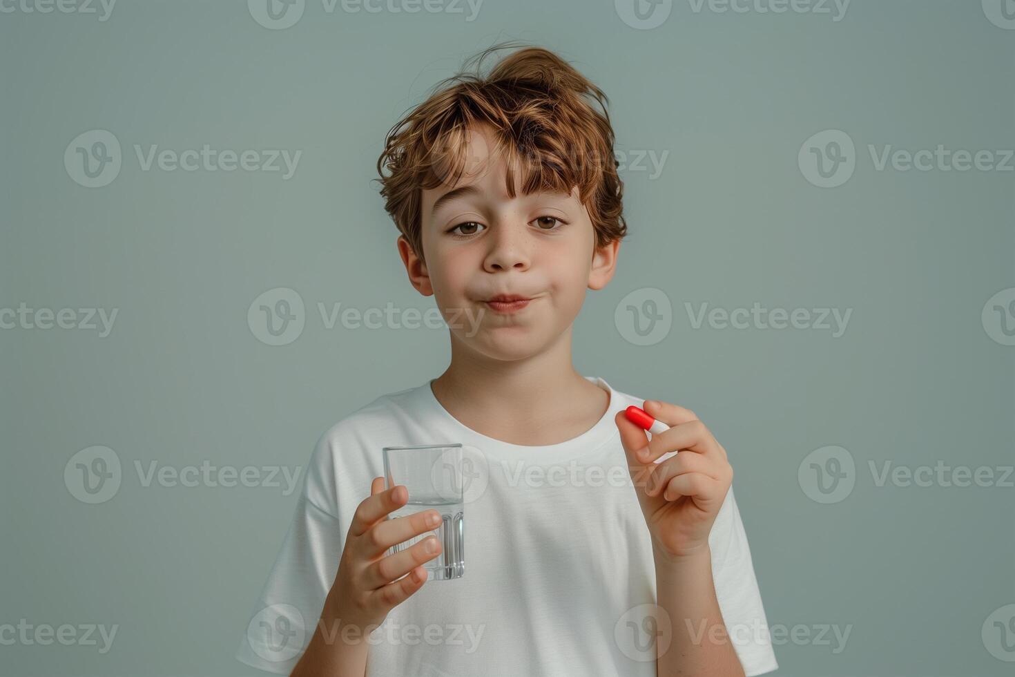 Portrait of sickness boy with a bored expression hold a glass of water and pills. Copy space photo