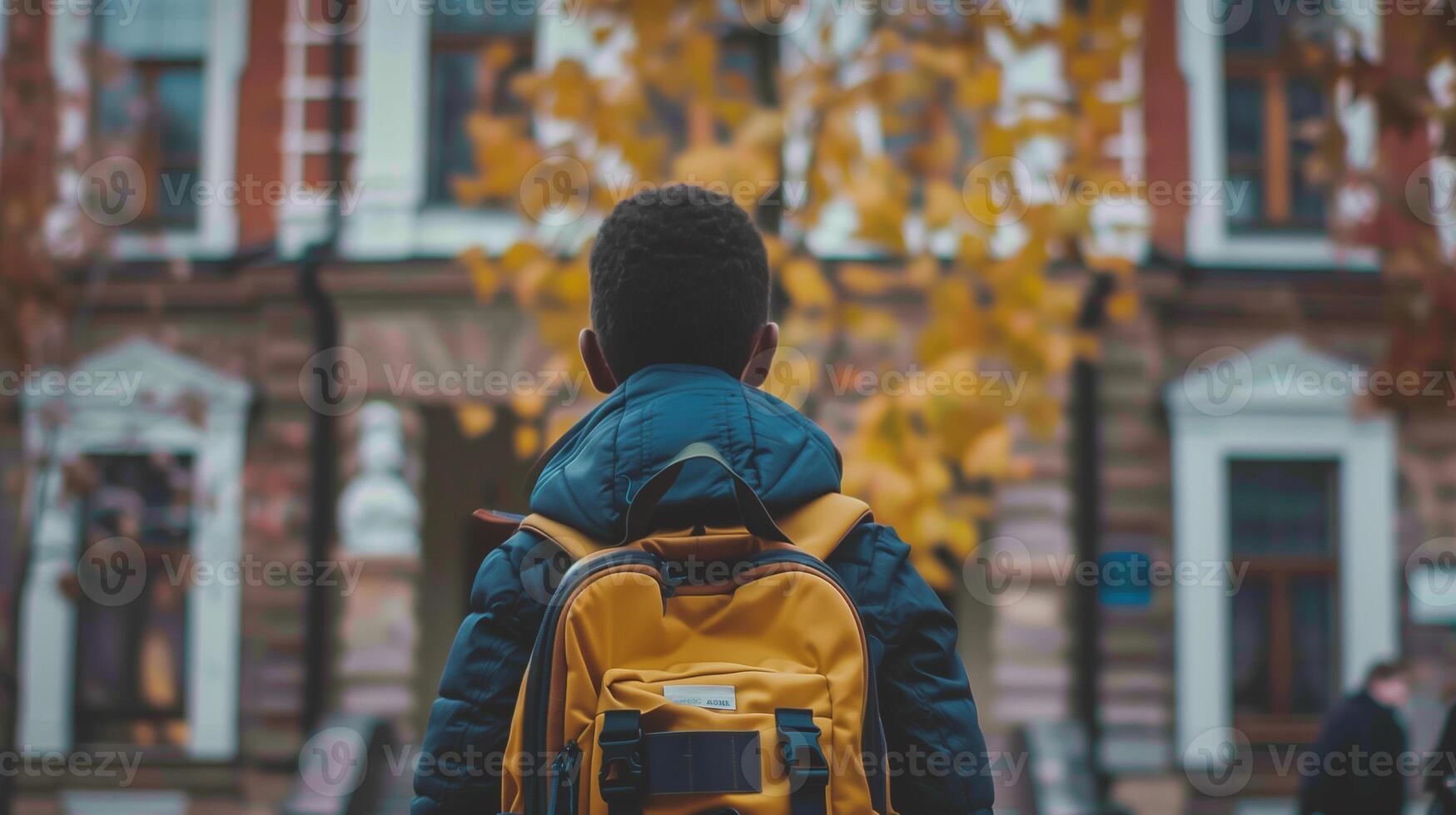 One boy pupil with a new backpack in front of the school. Welcome back to school. New educational year semester. photo