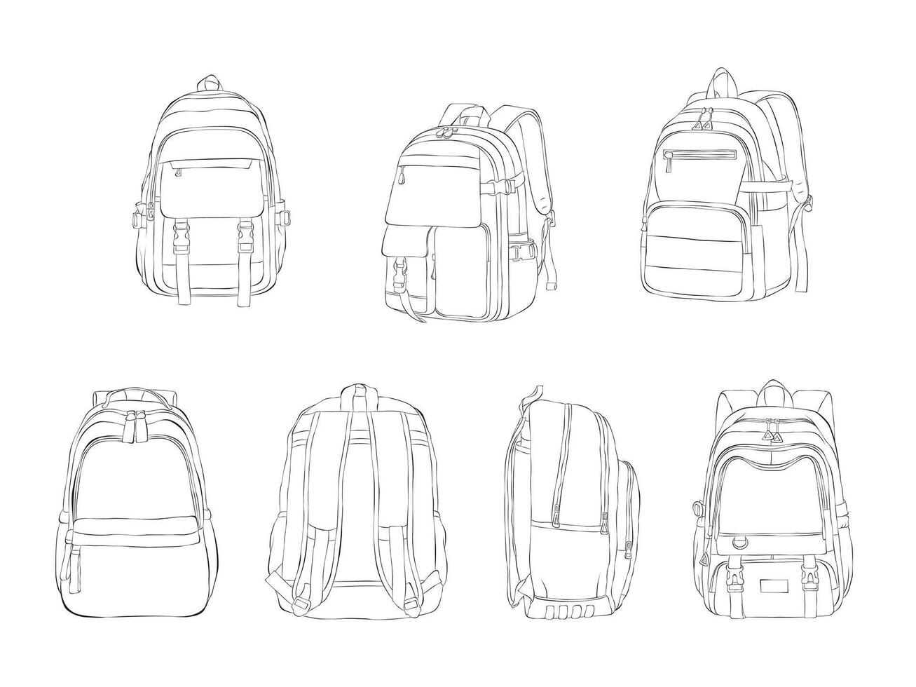 Backpack Hand drawn Set Sketch Doodle. Back to school. vector