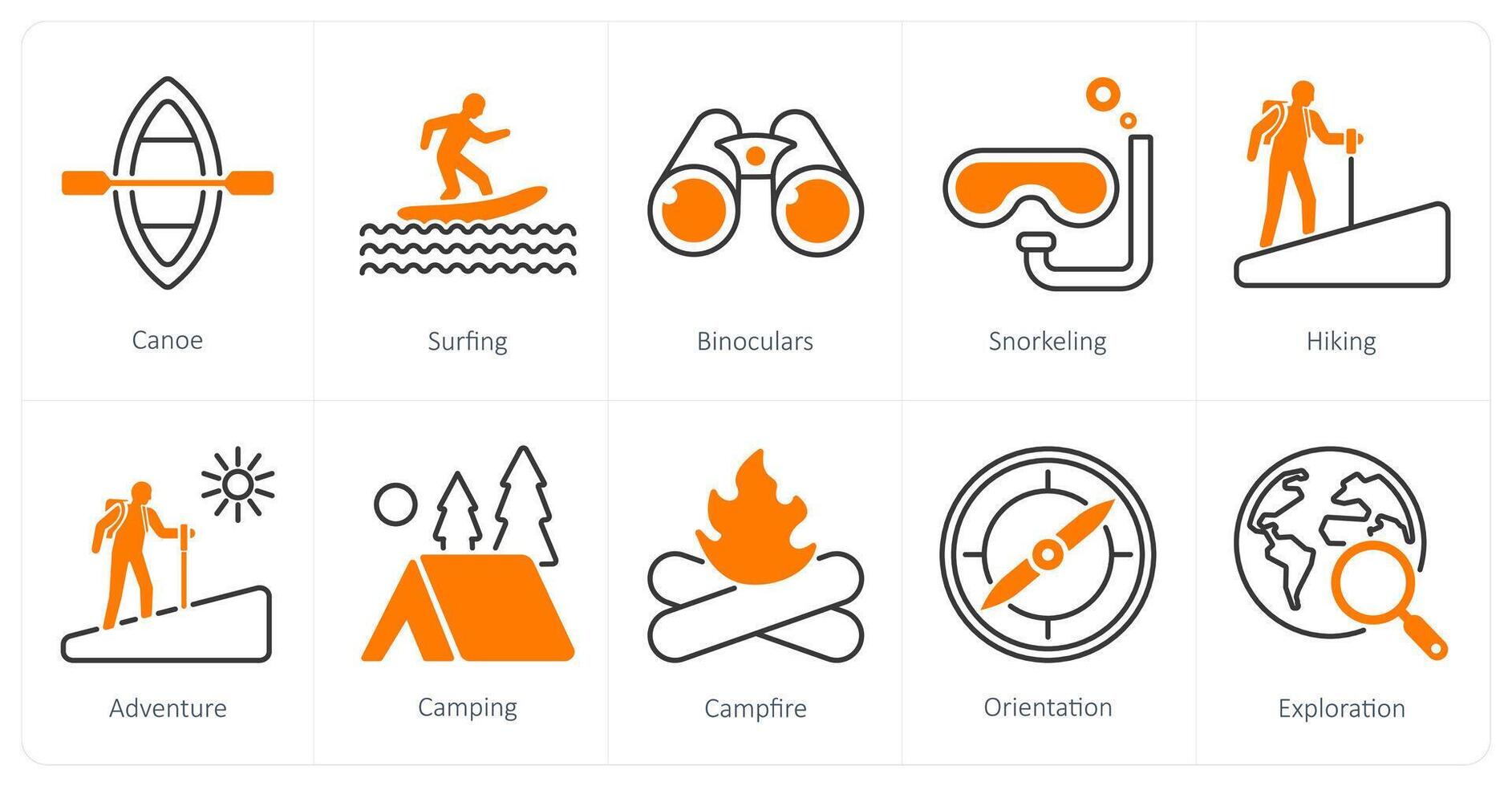 A set of 10 Adventure icons as canoe, surfing, binoculars vector