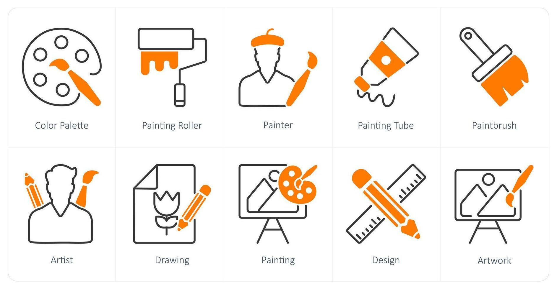 A set of 10 art icons as color palette, painting roller, painter vector