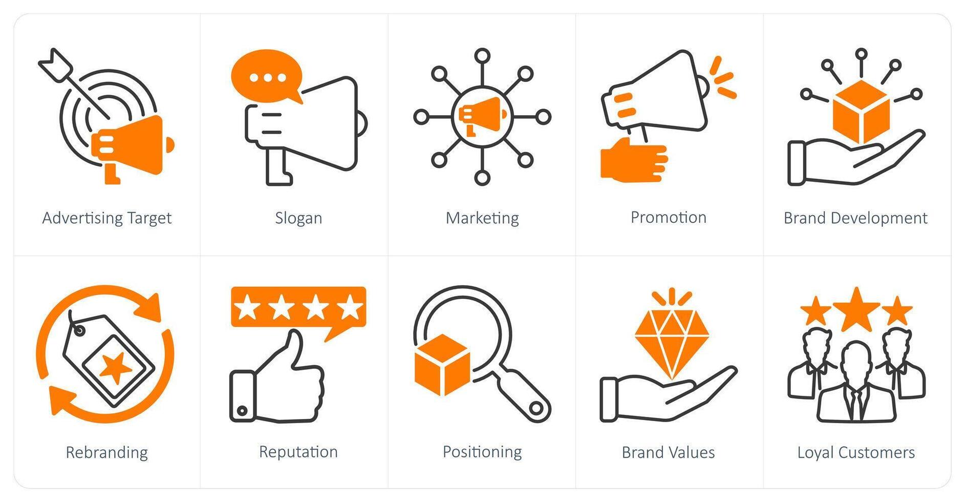 A set of 10 Branding icons as advertising target, slogan, marketing vector