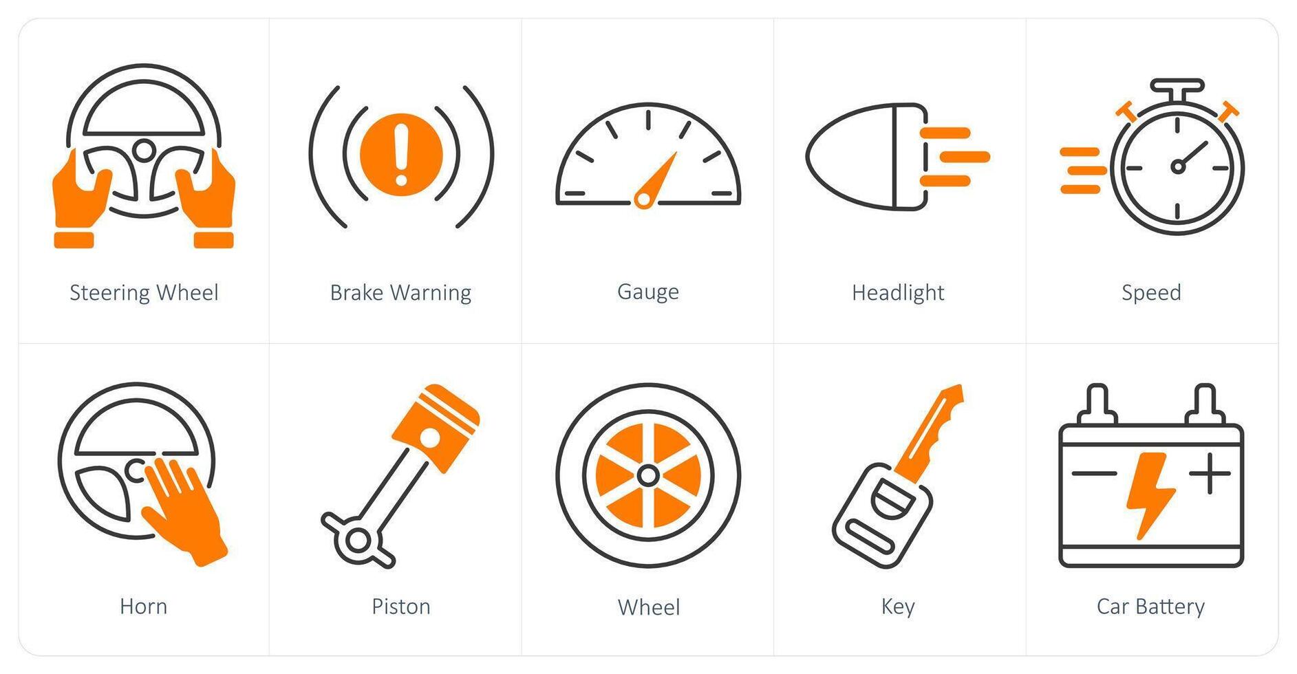 A set of 10 Car icons as steering wheel, brake warning, gauge vector