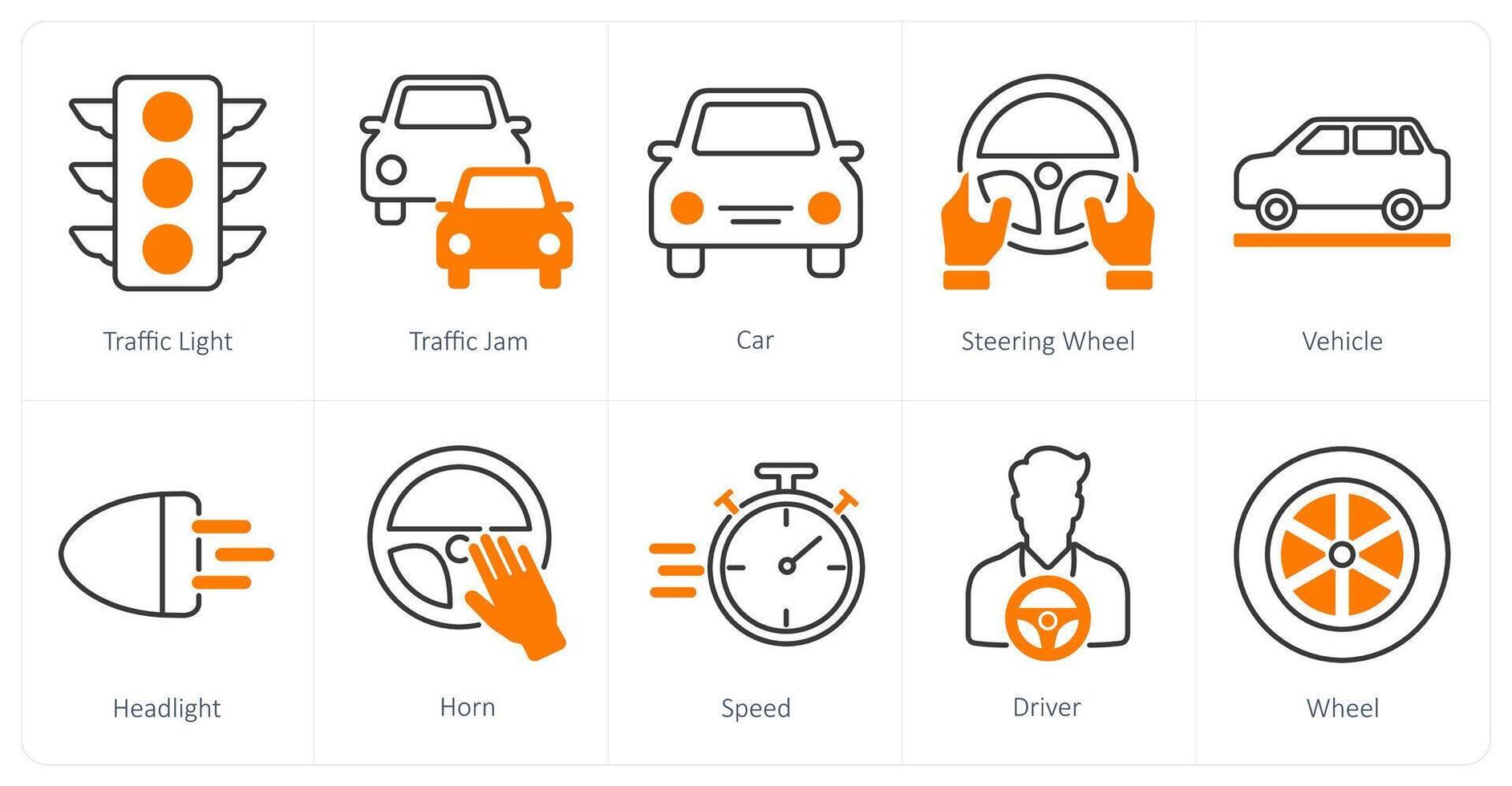 A set of 10 Car icons as traffic light, traffic jam, car vector