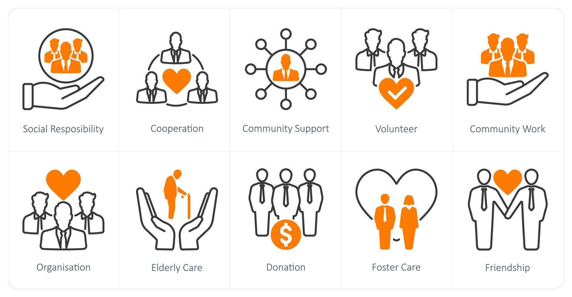 A set of 10 Charity and Donation icons as community support, finance network, online donation vector