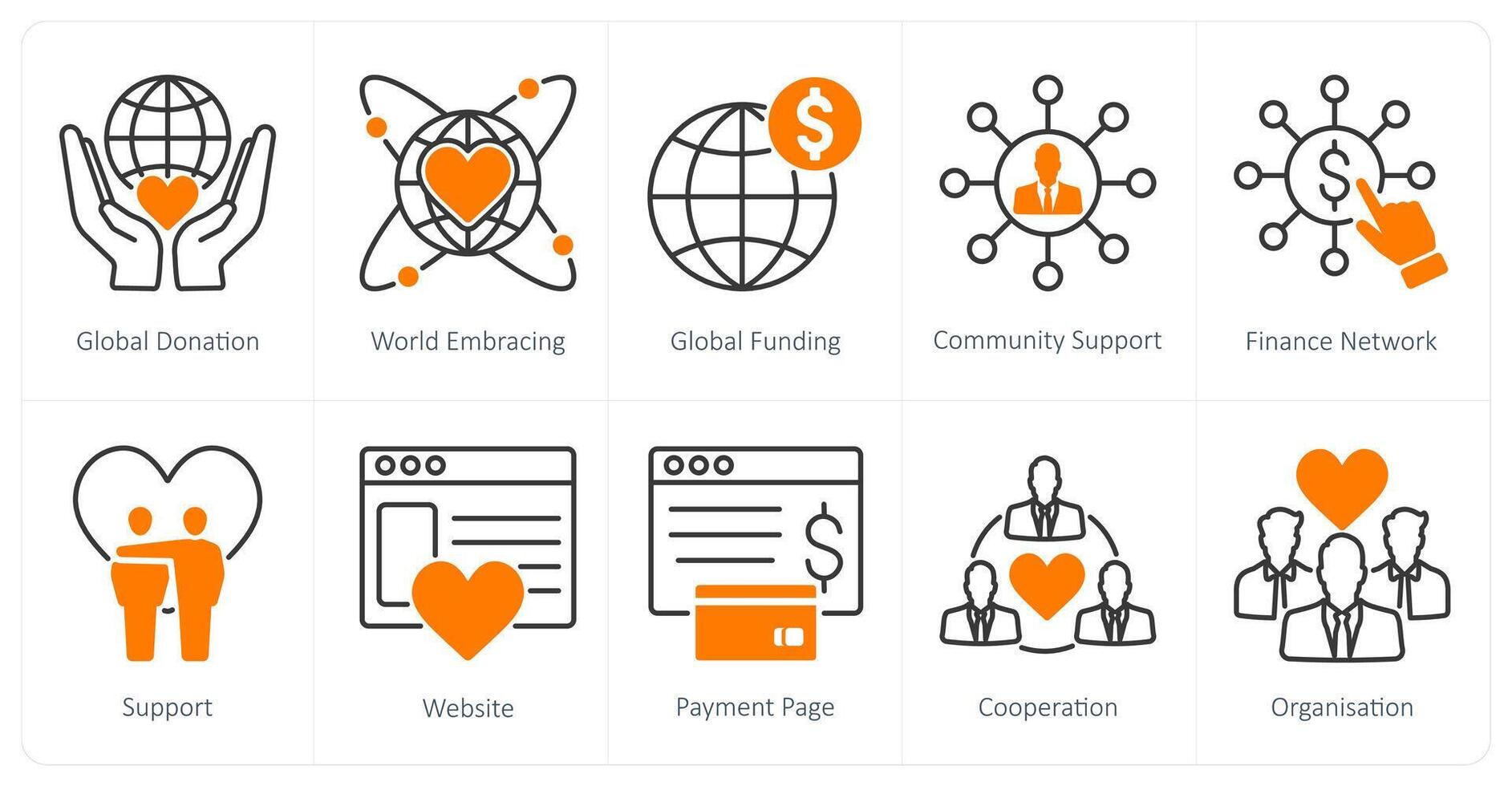 A set of 10 Charity and Donation icons as global donation, world embracing, global funding vector