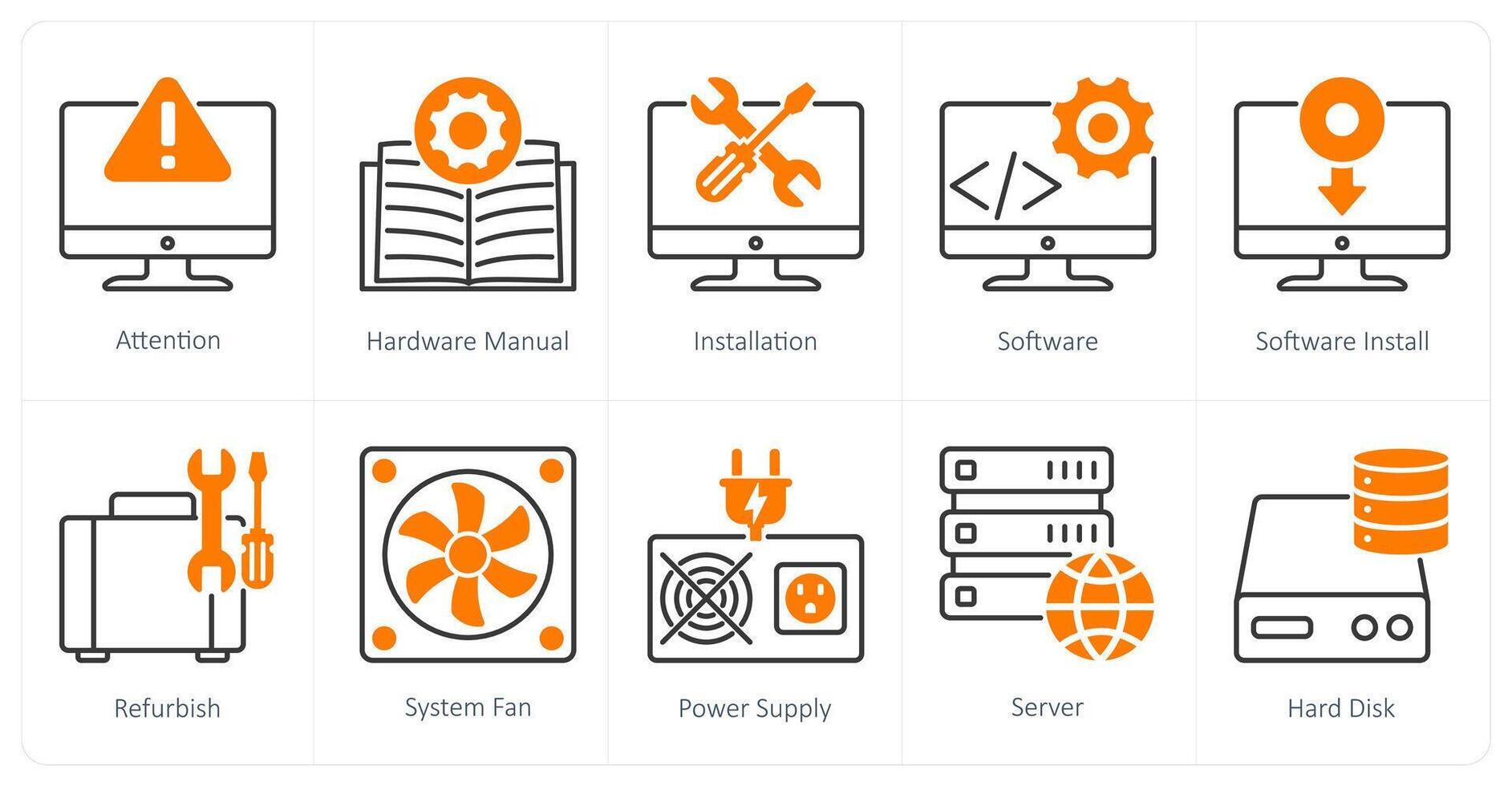 A set of 10 Computer Parts icons as attention, hardware manual, installation vector