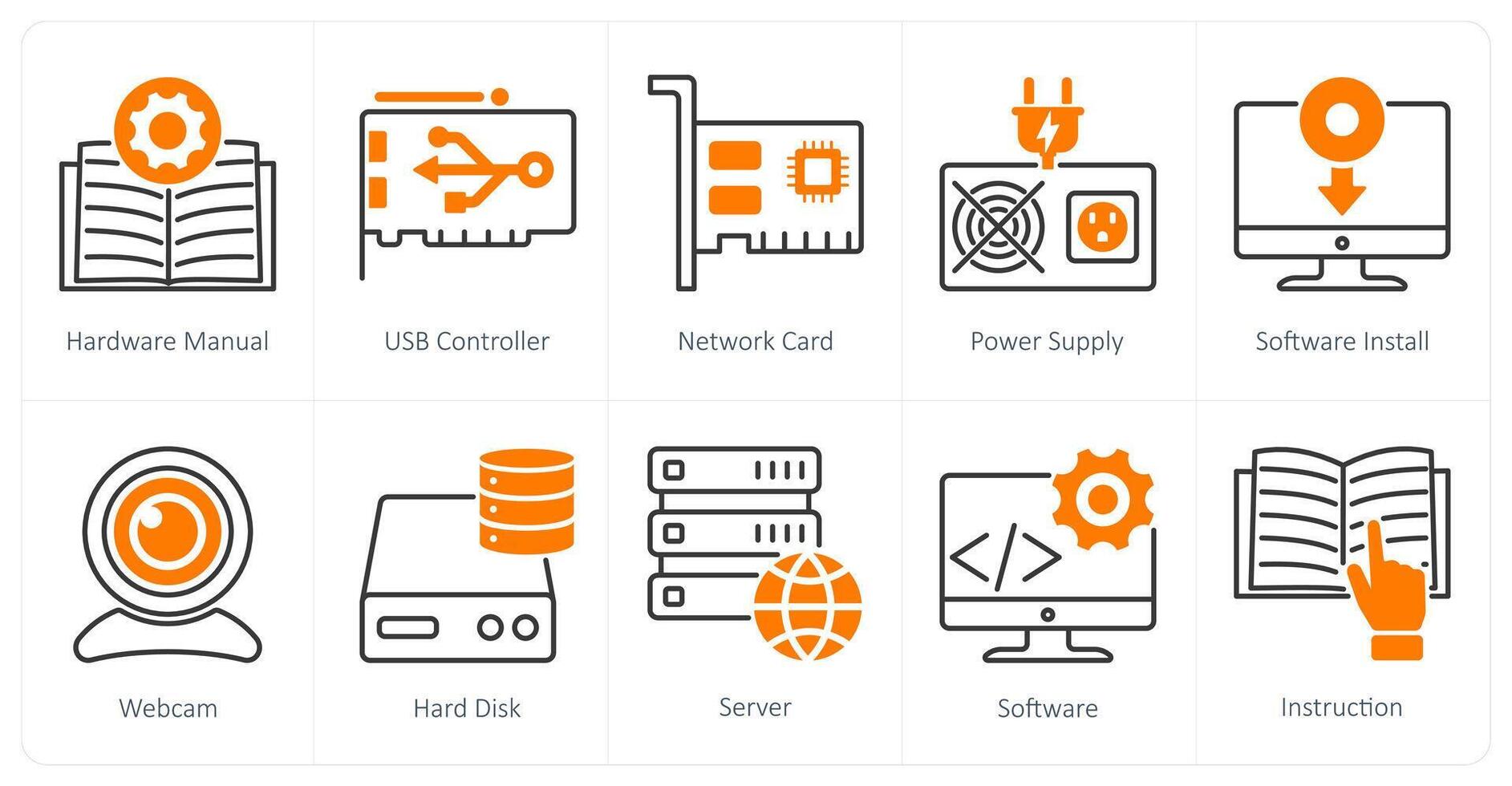 A set of 10 Computer Parts icons as hardware manual, usb controller, network card vector