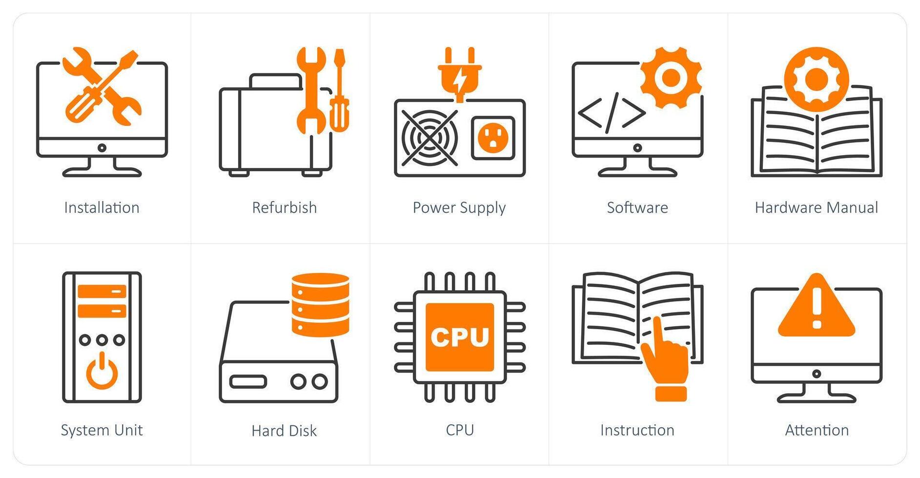 A set of 10 Computer Parts icons as installation, refurnish, power supply vector