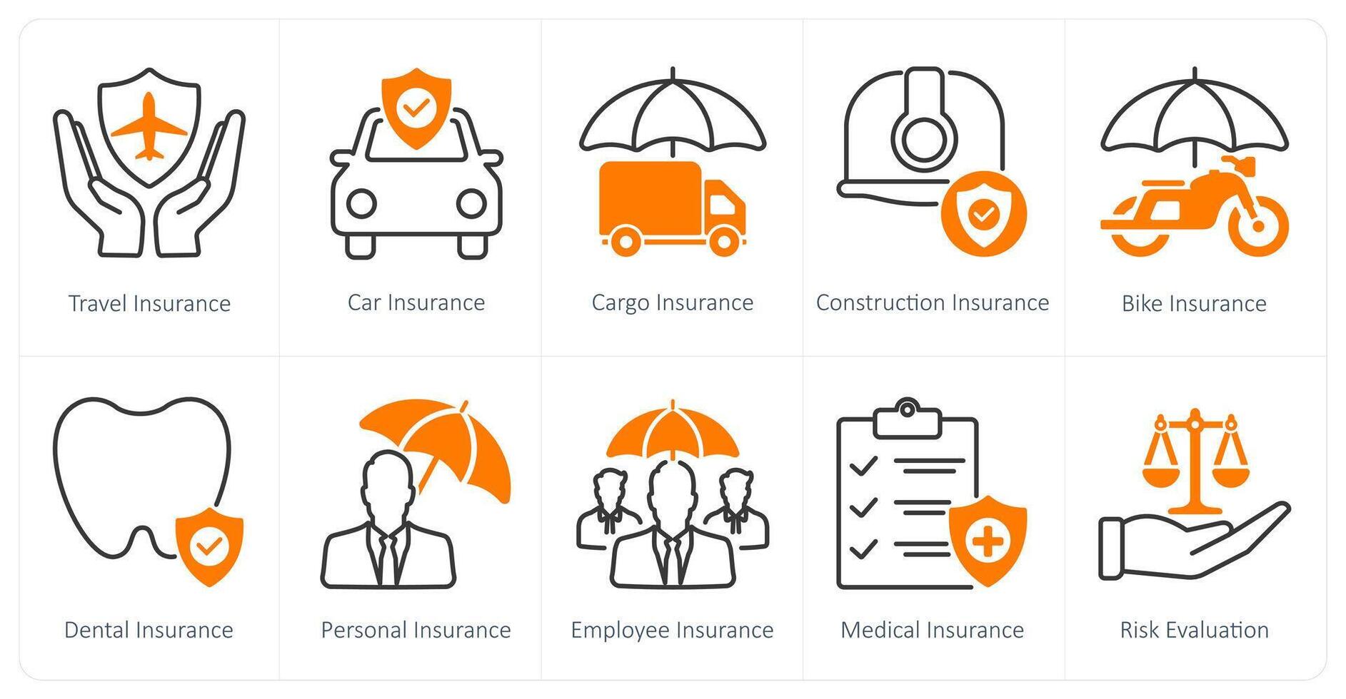 A set of 10 Insurance icons as travel insurance, car insurance, cargo insurance vector