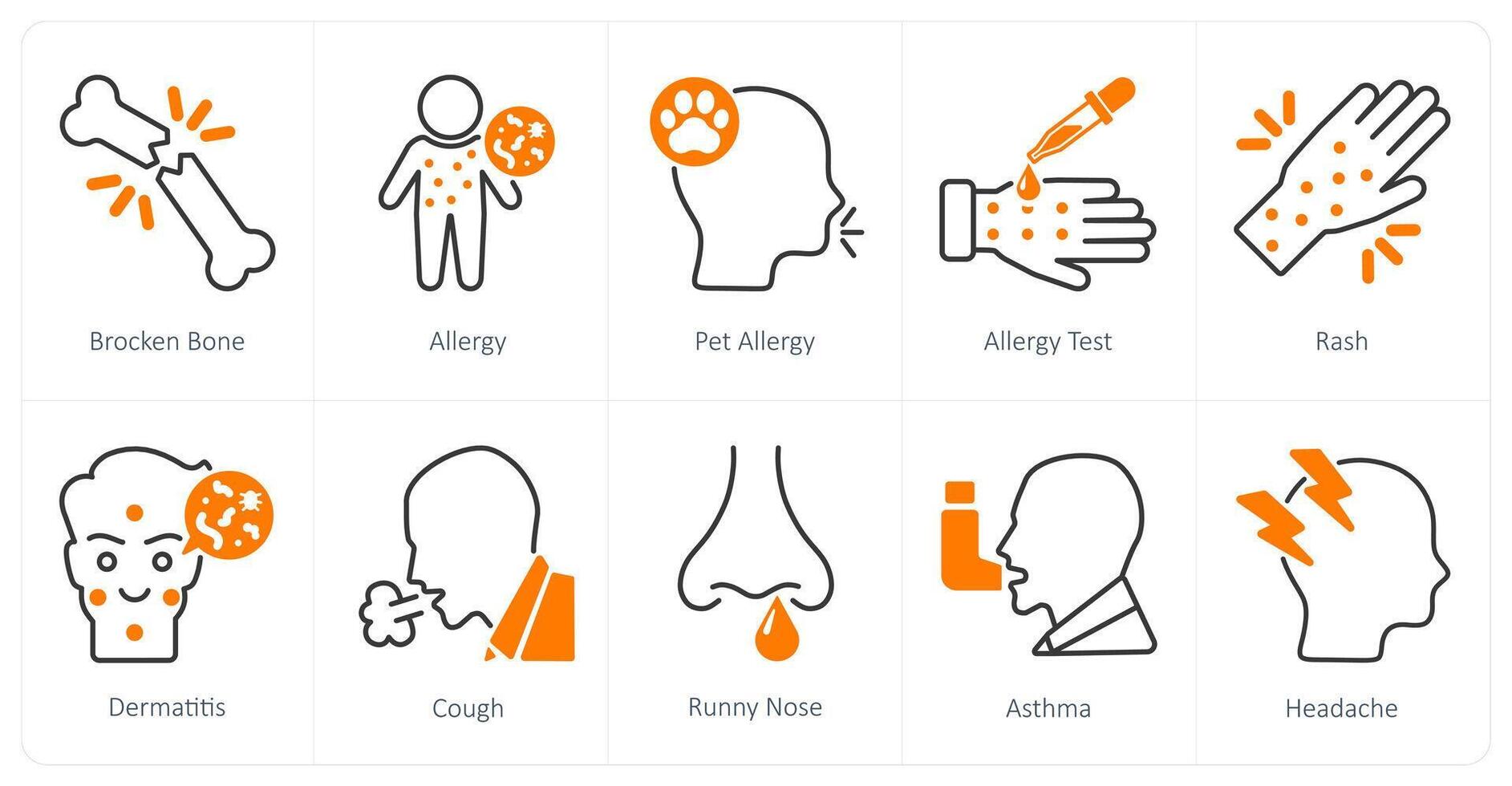 A set of 10 Medical icons as broken bone, allergy, pet allergy vector