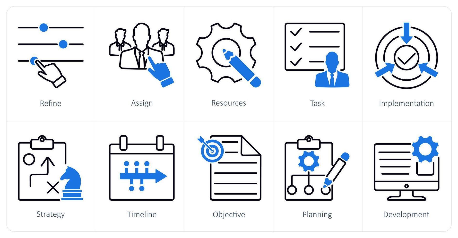 A set of 10 Action Plan icons as refine, assign, resources vector