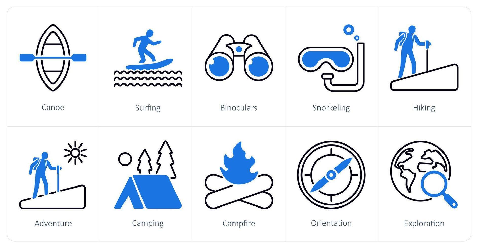 A set of 10 Adventure icons as canoe, surfing, binoculars vector