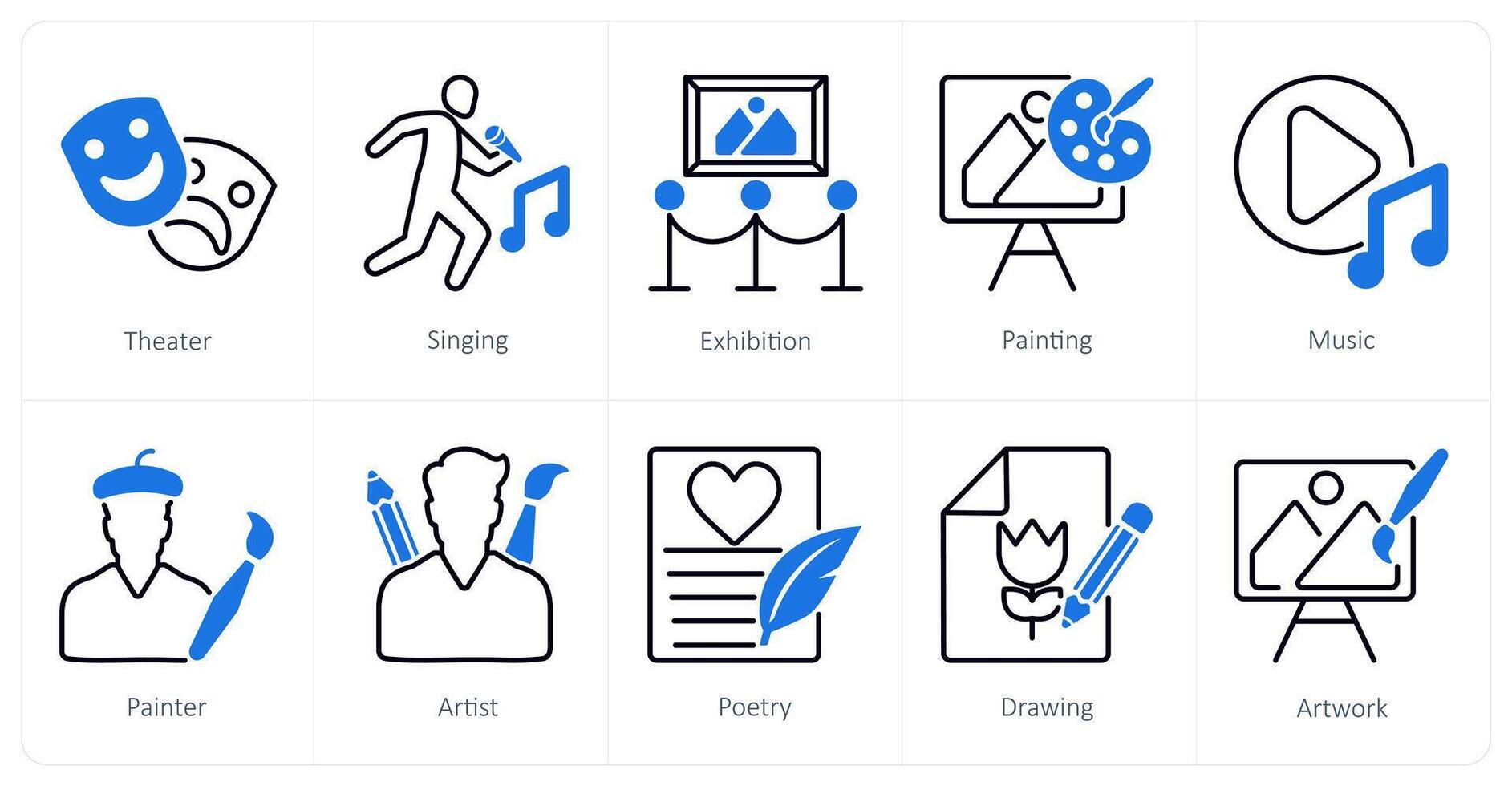 A set of 10 art icons as theater, singing, exhibition vector