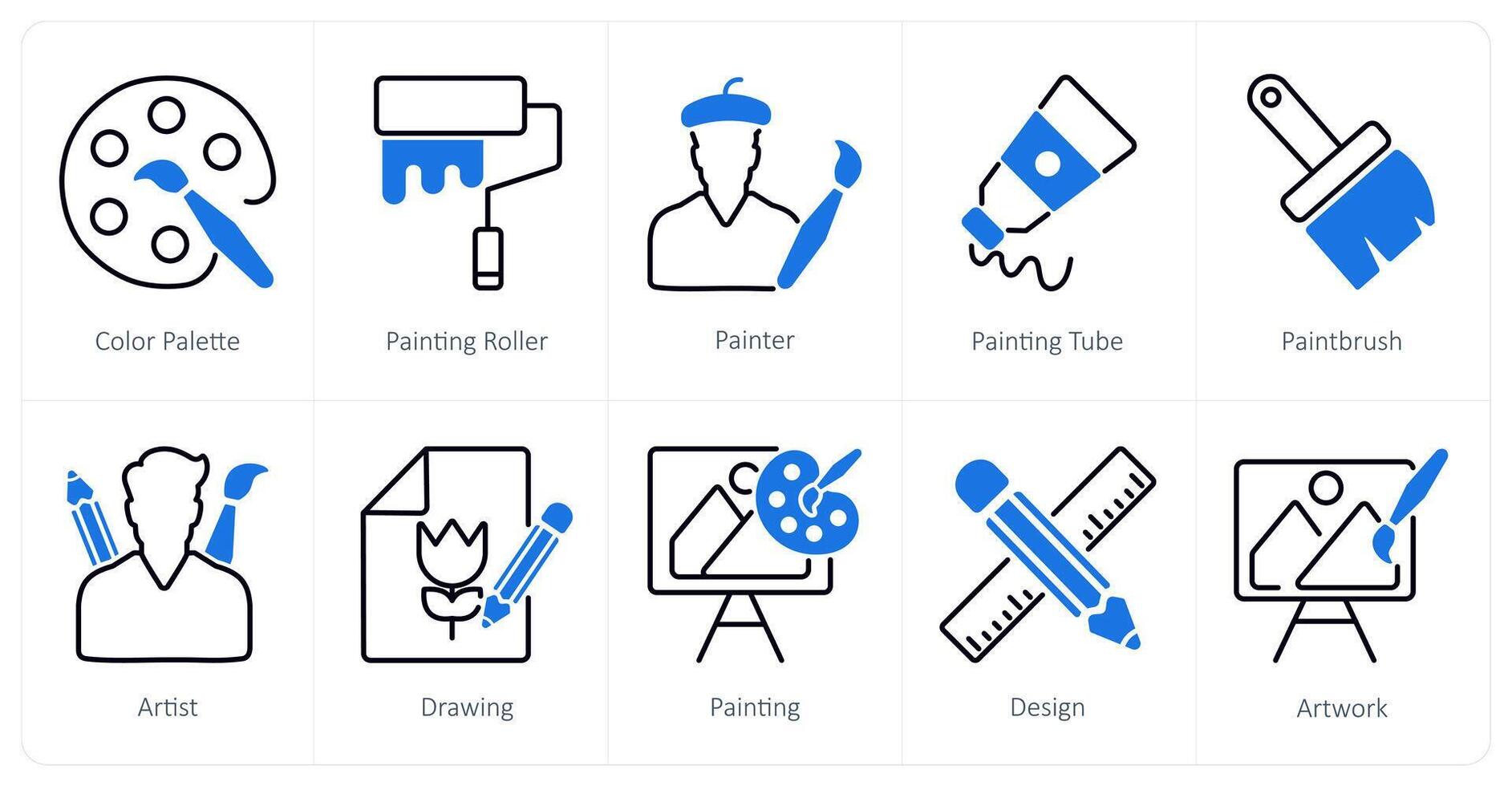 A set of 10 art icons as color palette, painting roller, painter vector