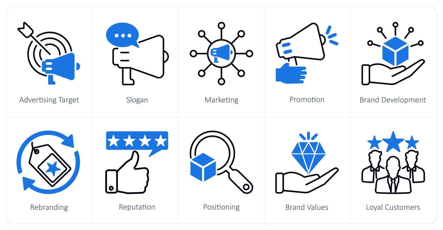 A set of 10 Branding icons as advertising target, slogan, marketing vector