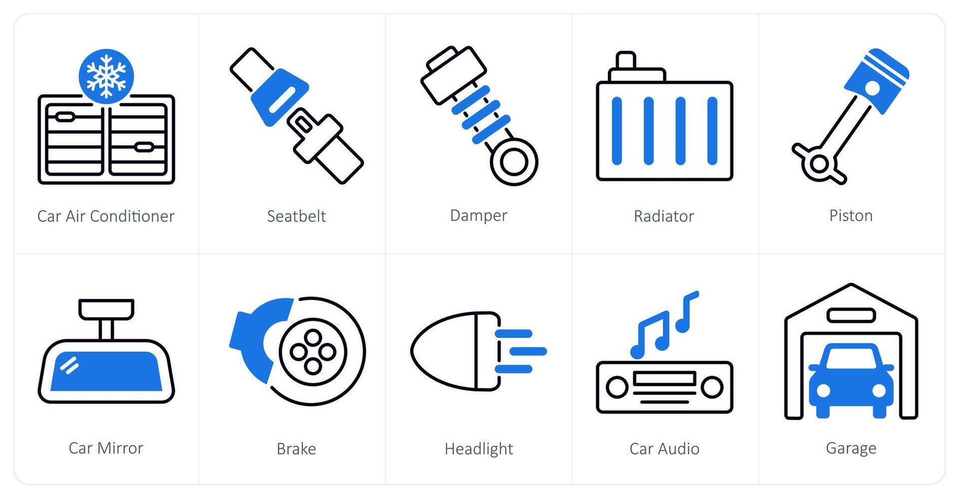 A set of 10 Car icons as car air conditioner, seatbelt, damper vector