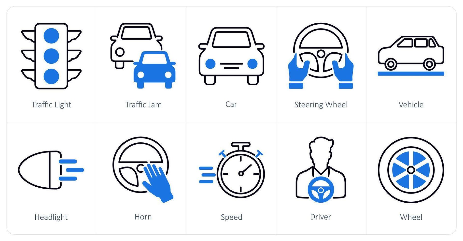 A set of 10 Car icons as traffic light, traffic jam, car vector