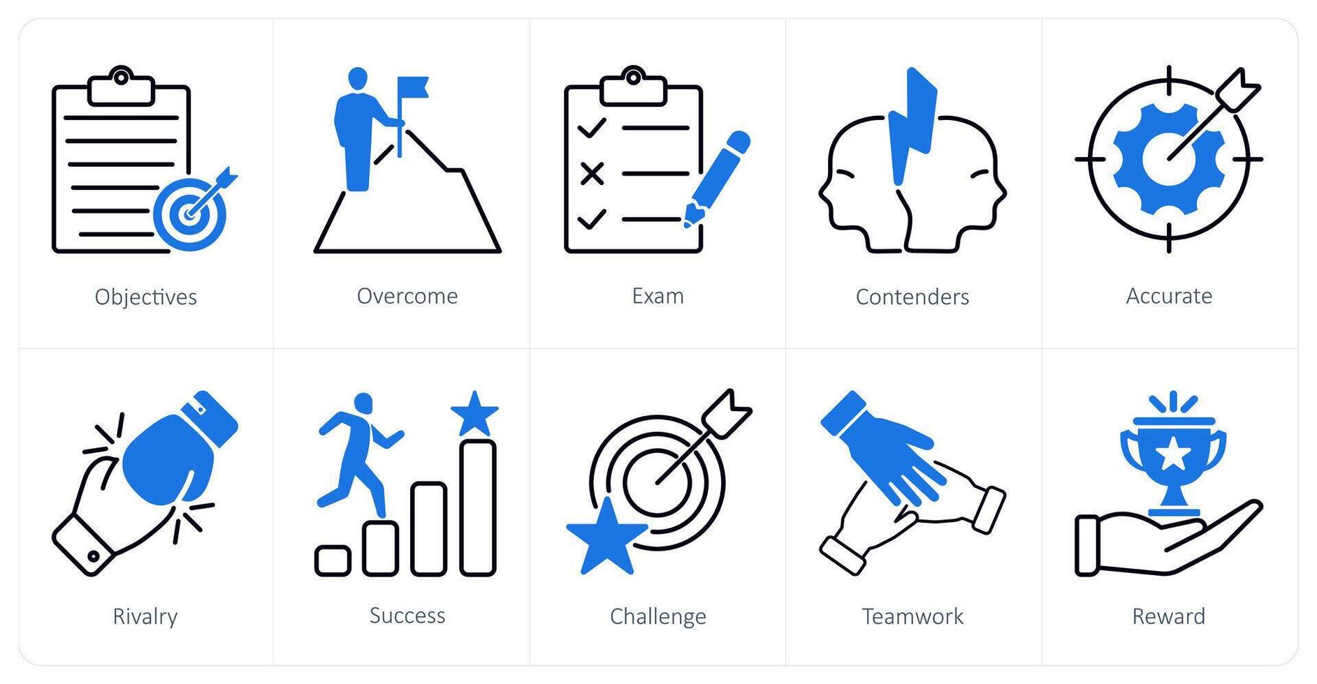 A set of 10 Challenge icons as objectives, overcome, exam vector