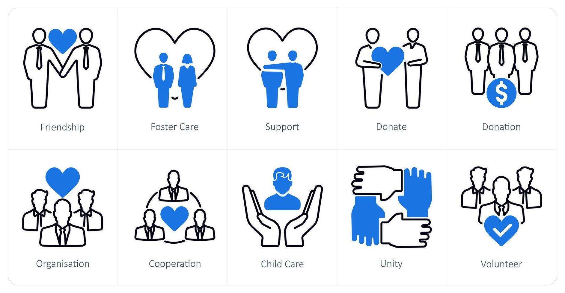 A set of 10 Charity and Donation icons as friendship, foster care, support vector