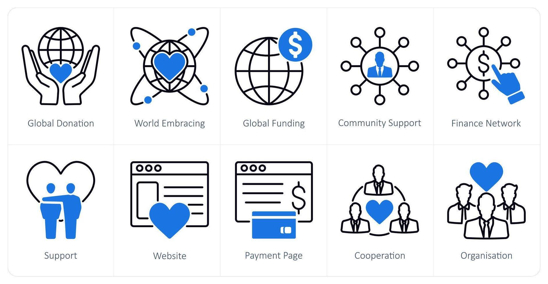 A set of 10 Charity and Donation icons as global donation, world embracing, global funding vector
