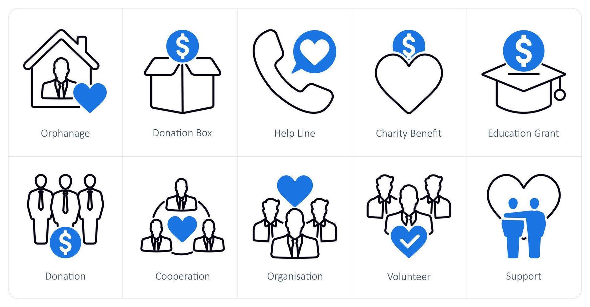 A set of 10 Charity and Donation icons as orphanage, donation box, help line vector