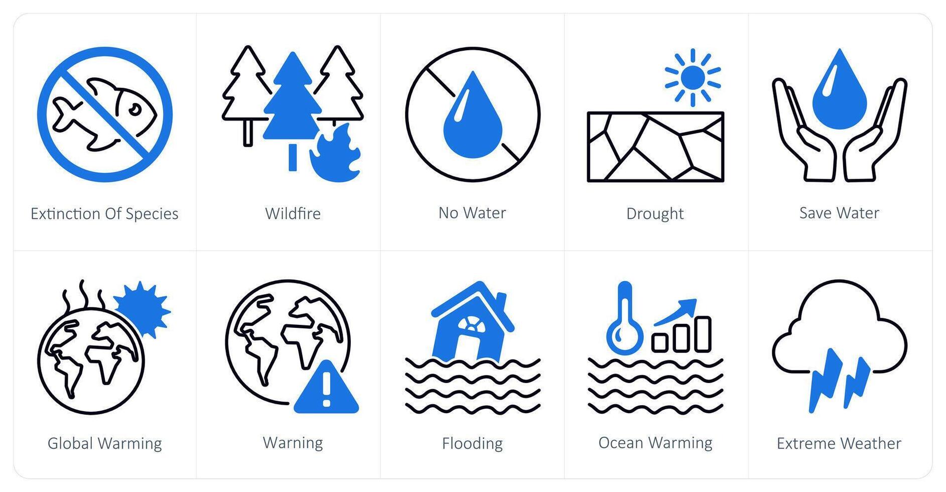 A set of 10 Climate Change icons as extinction of species, wildfire, no water vector