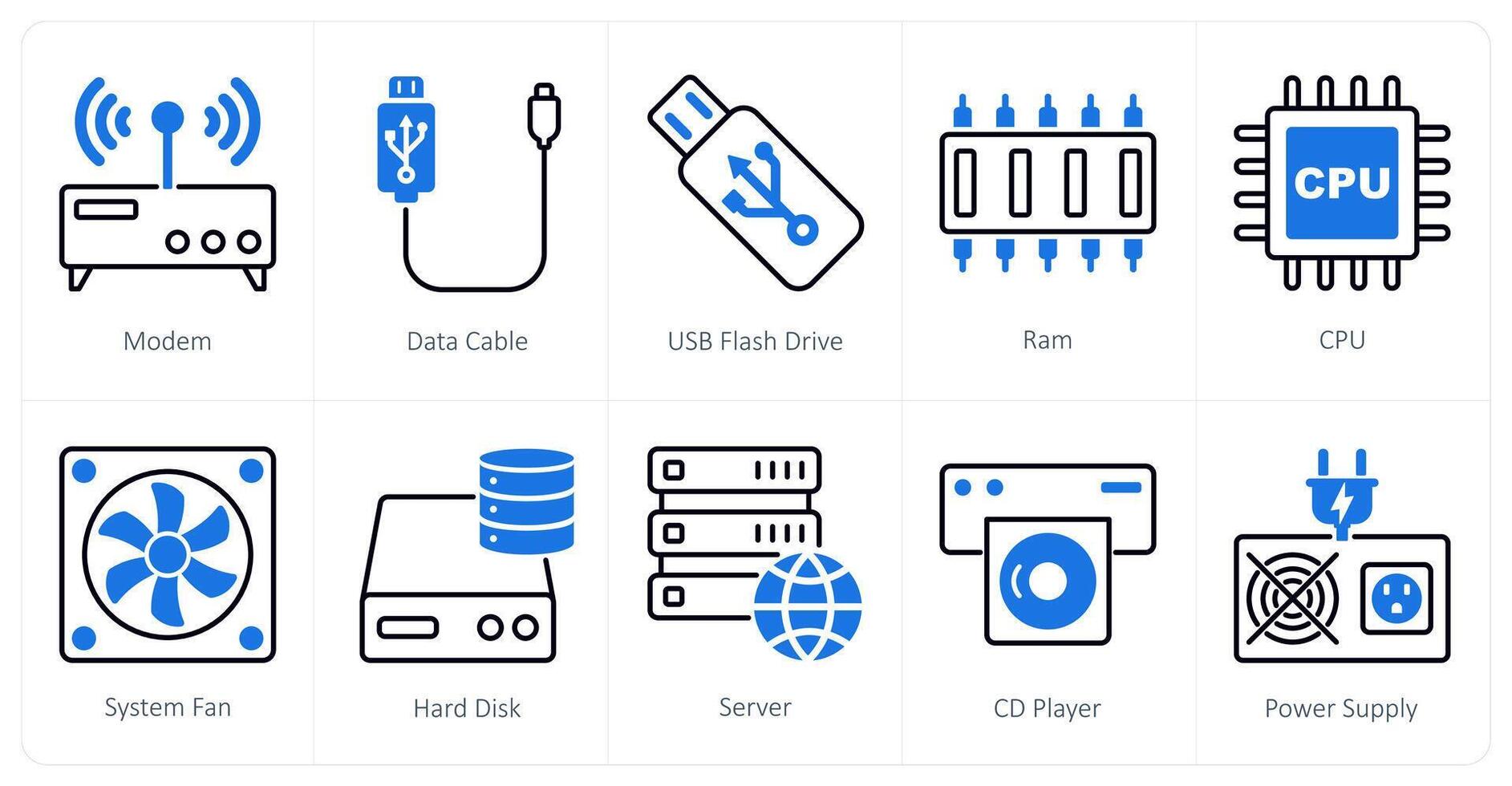 A set of 10 Computer Parts icons as modem, data cable, usb flash drive vector