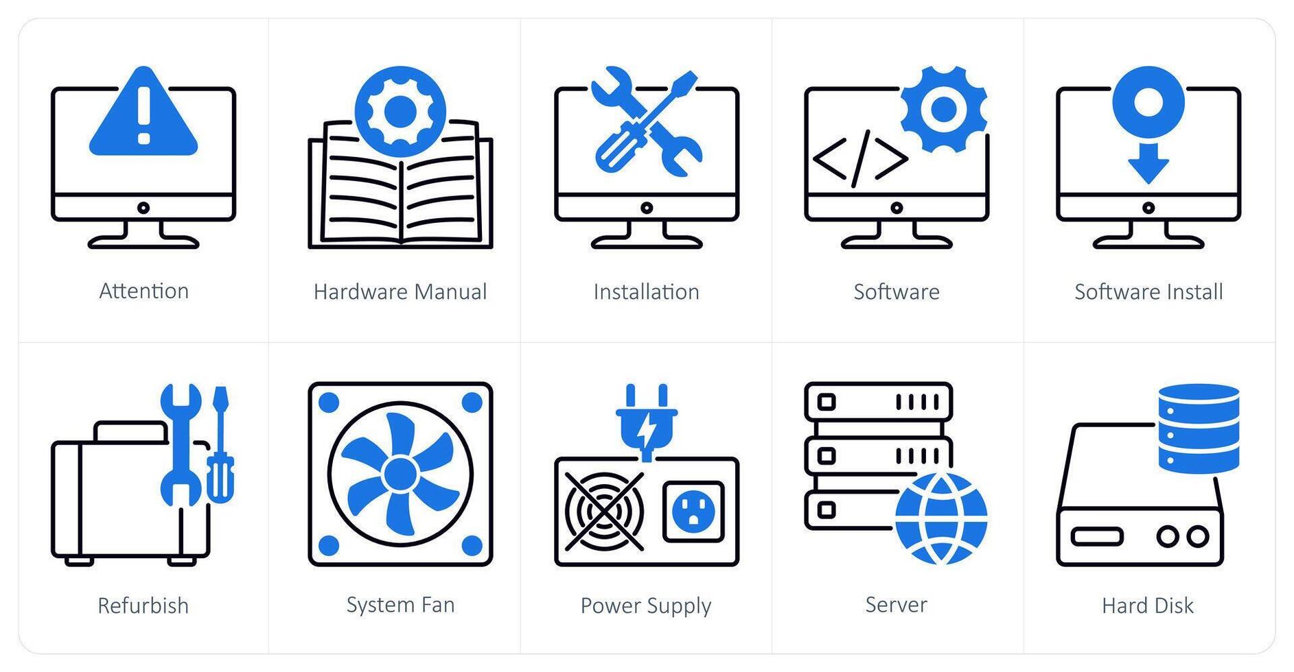 A set of 10 Computer Parts icons as attention, hardware manual, installation vector