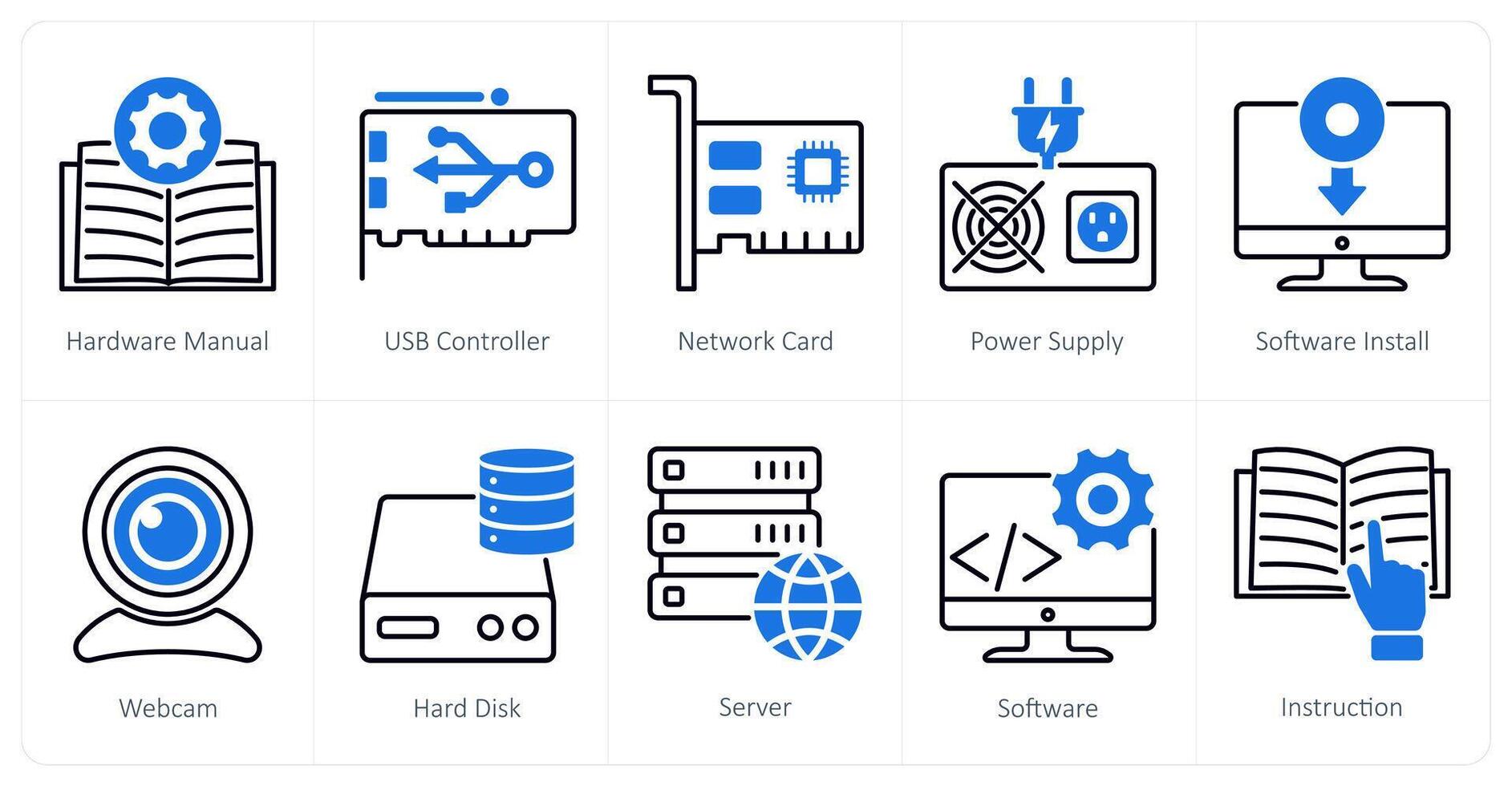 A set of 10 Computer Parts icons as hardware manual, usb controller, network card vector