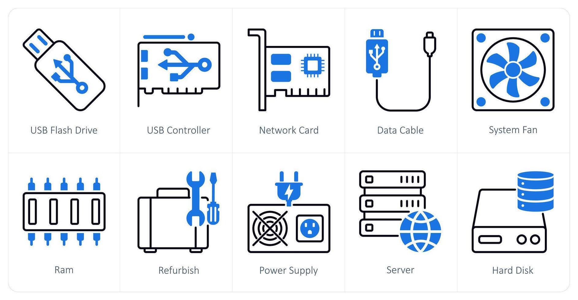 A set of 10 Computer Parts icons as usb flash drive, usb controller, network card vector