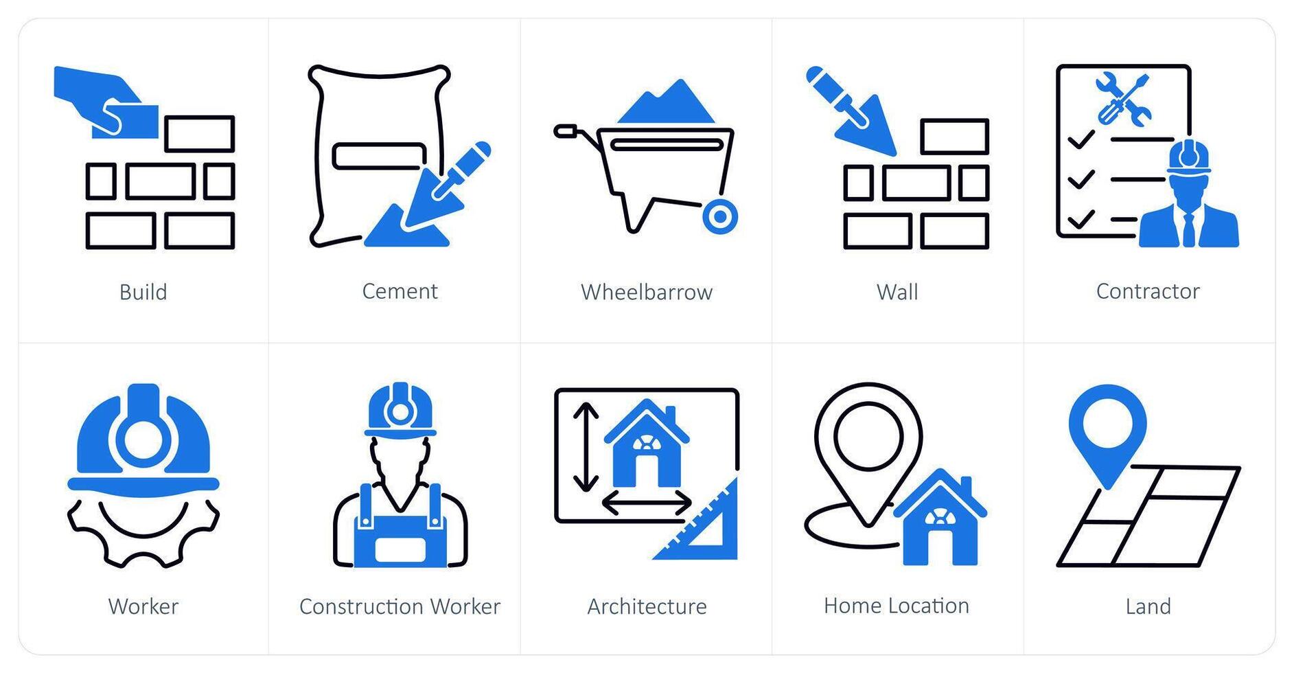 A set of 10 Construction icons as build, cement, wheel barrow vector
