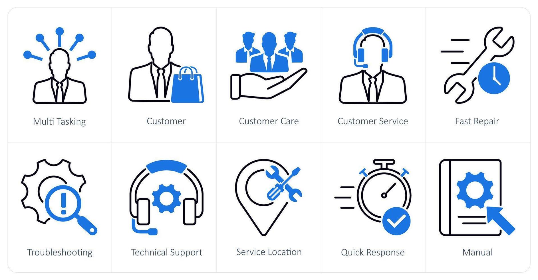 A set of 10 Customer Service icons as multi tasking, customer, customer care, customer service vector