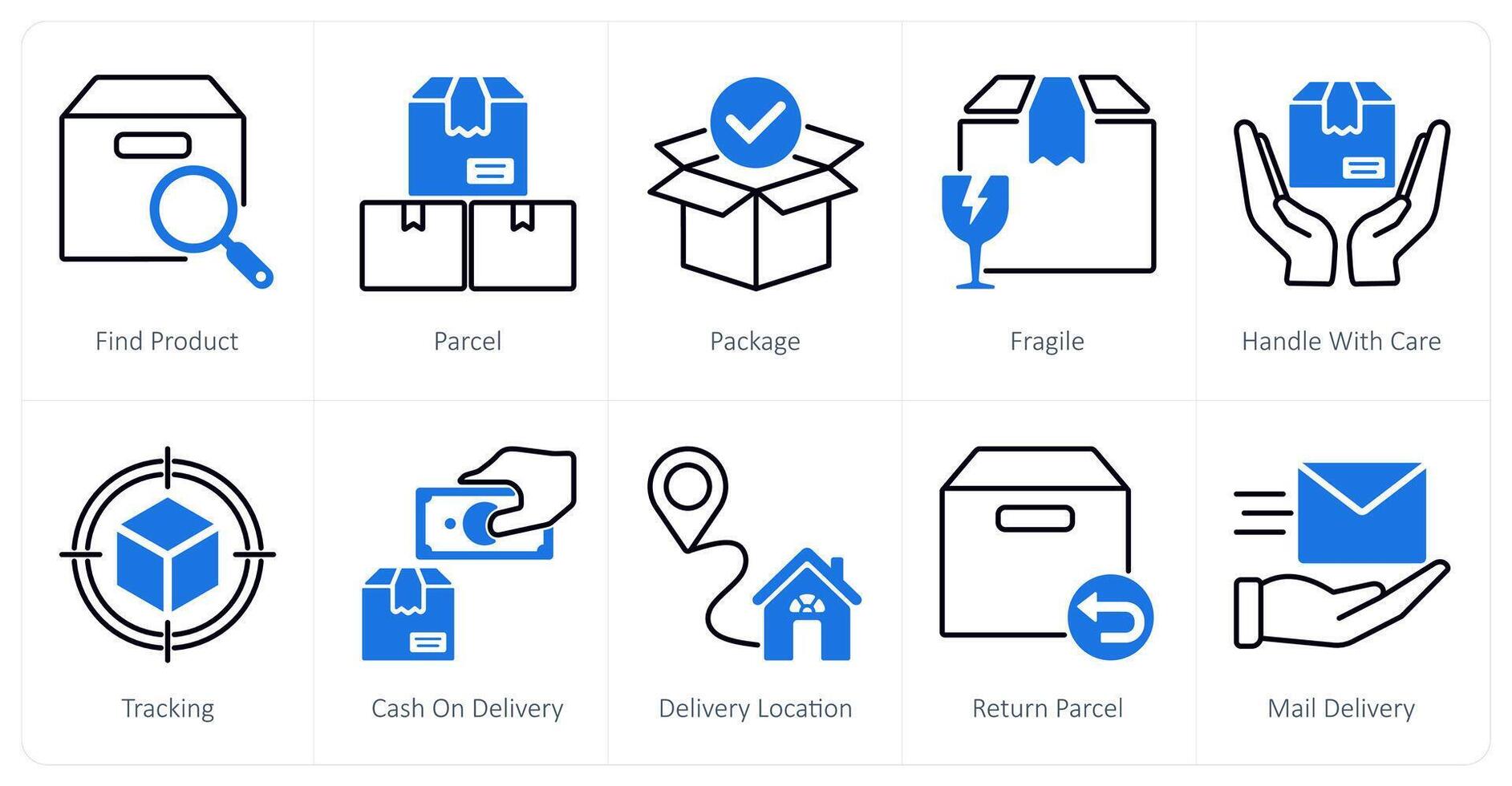 A set of 10 Delivery icons as find product, parcel, package vector