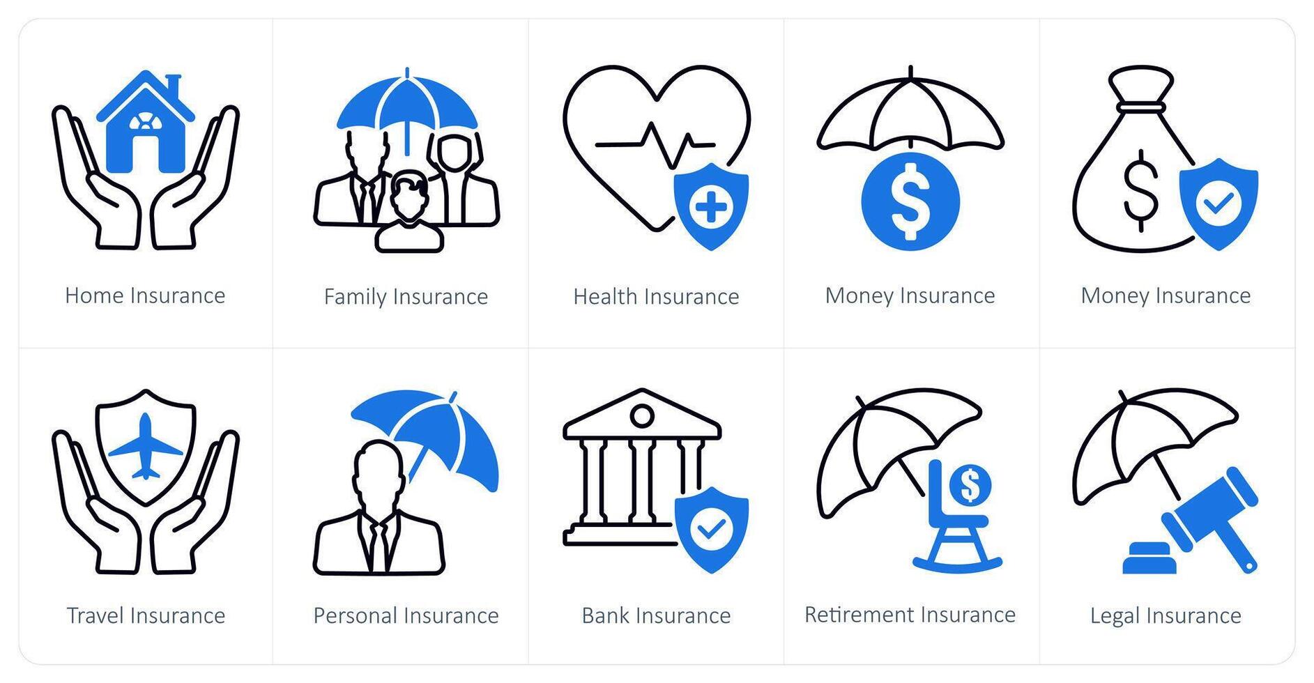 A set of 10 Insurance icons as home insurance, family insurance, health insurance vector