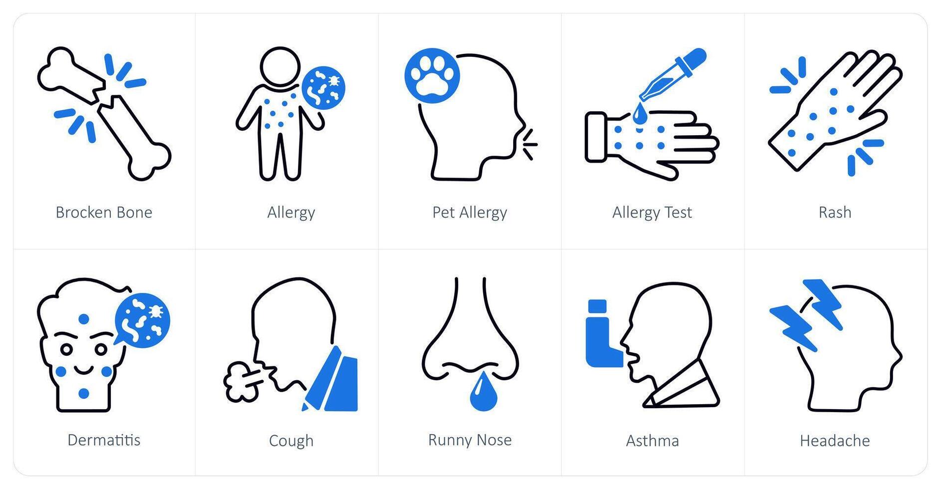 A set of 10 Medical icons as broken bone, allergy, pet allergy vector