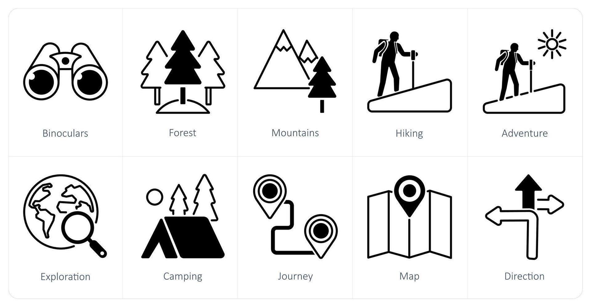 A set of 10 Adventure icons as binoculars, forest, mountains vector