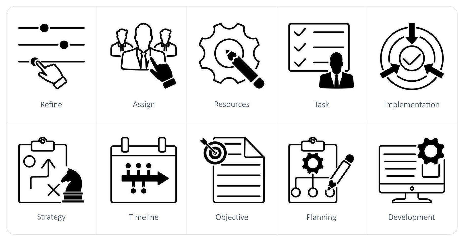A set of 10 Action Plan icons as refine, assign, resources vector
