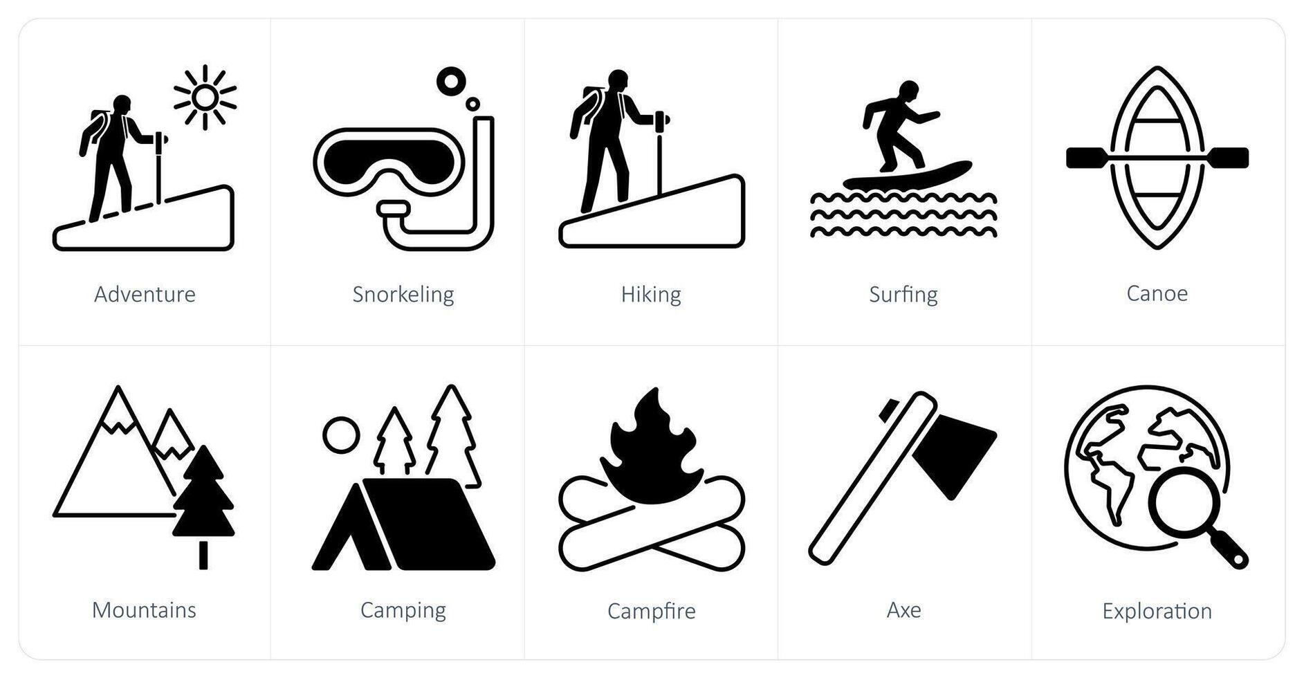 A set of 10 Adventure icons as adventure, snorkeling, hiking vector