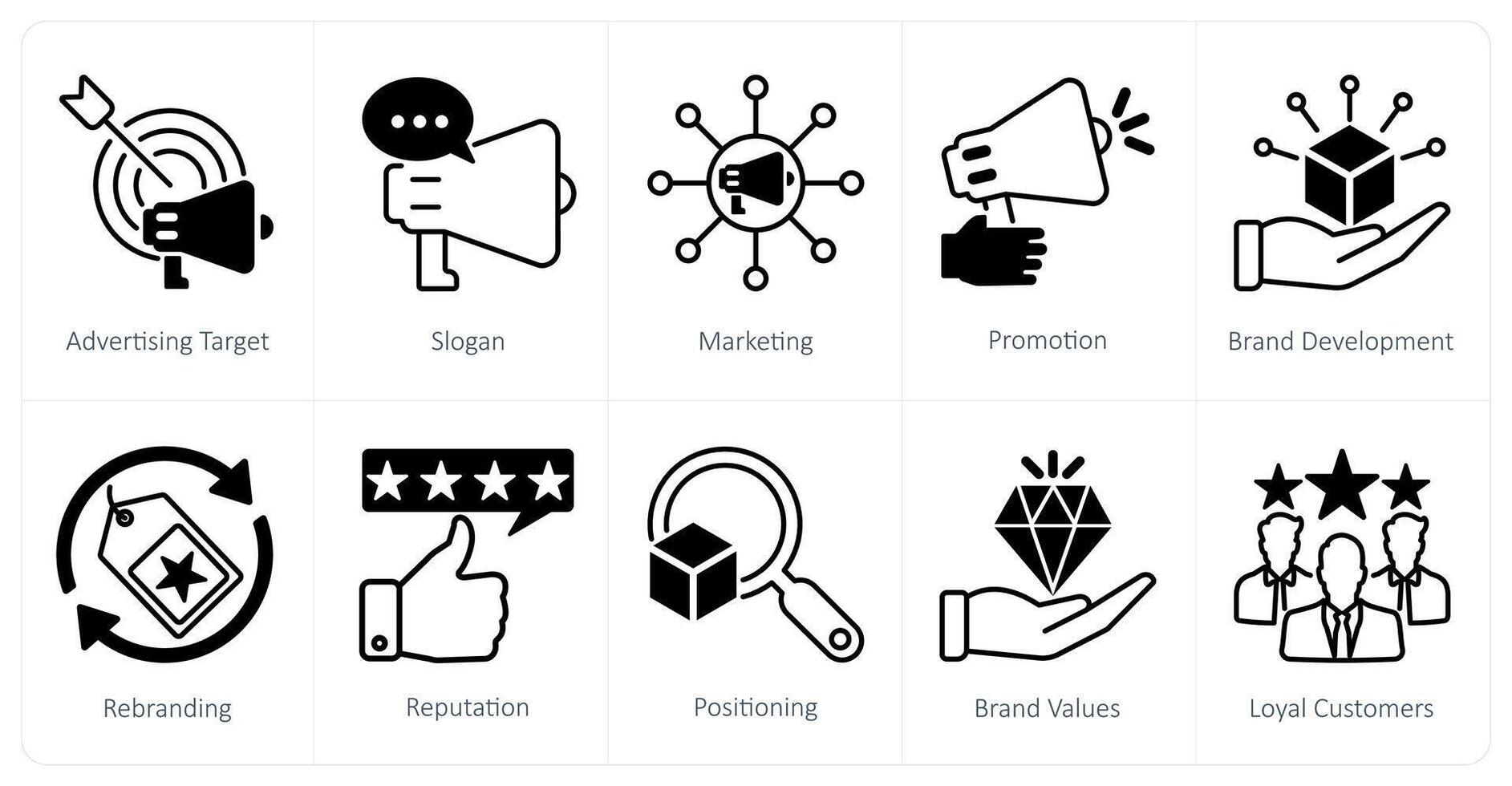 A set of 10 Branding icons as advertising target, slogan, marketing vector