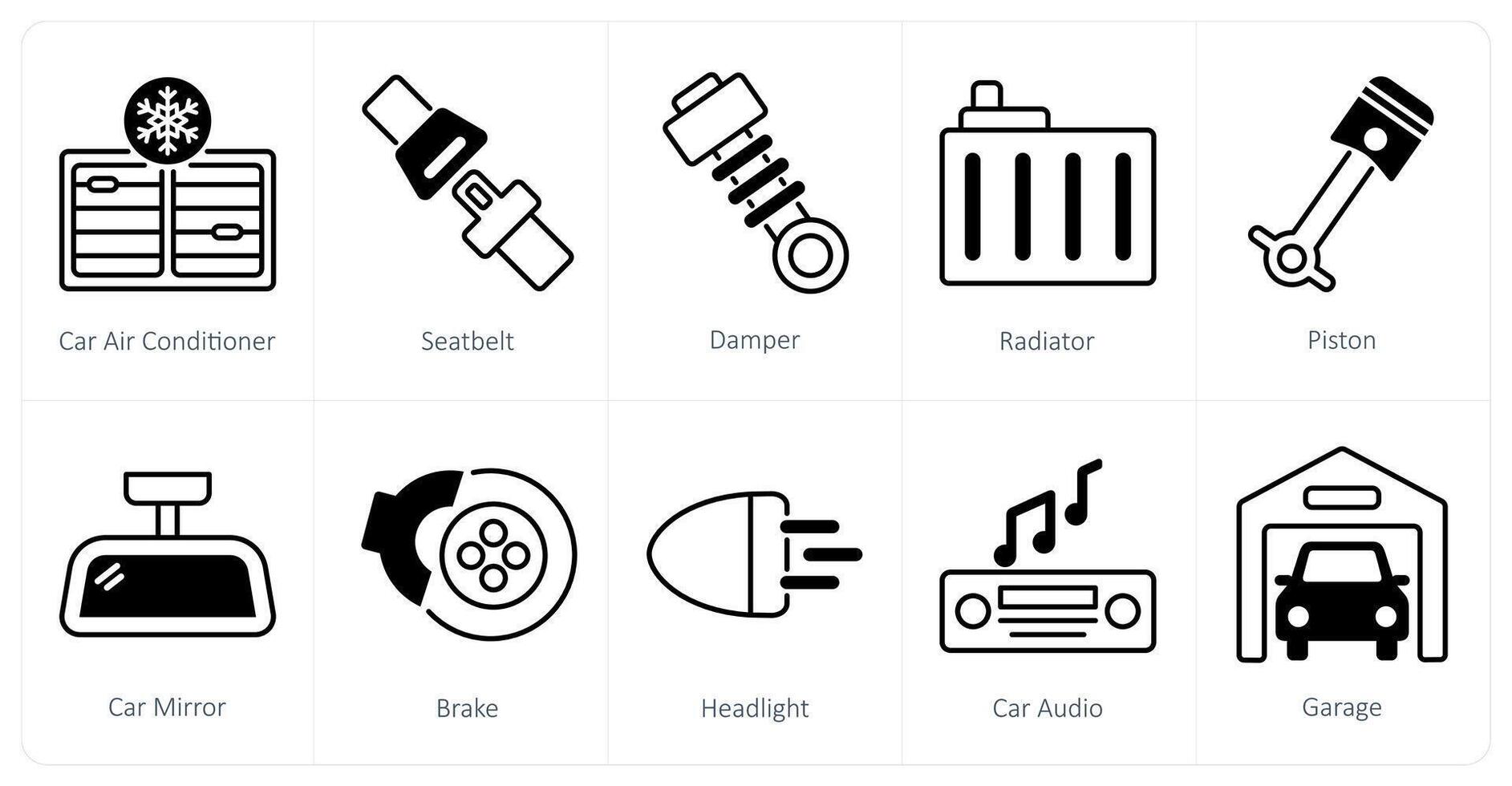 A set of 10 Car icons as car air conditioner, seatbelt, damper vector