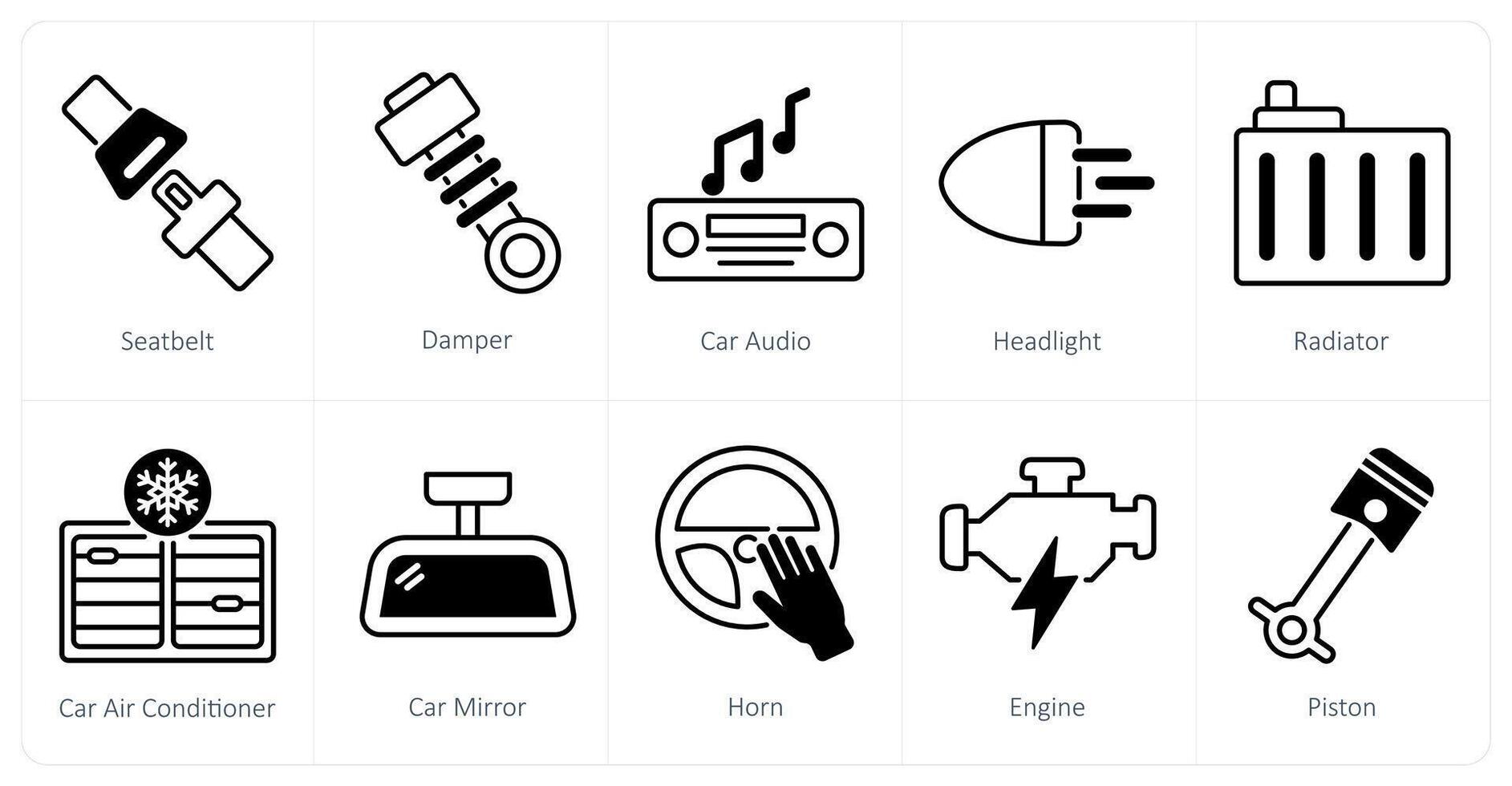 A set of 10 Car icons as seat belt, damper, car audio vector
