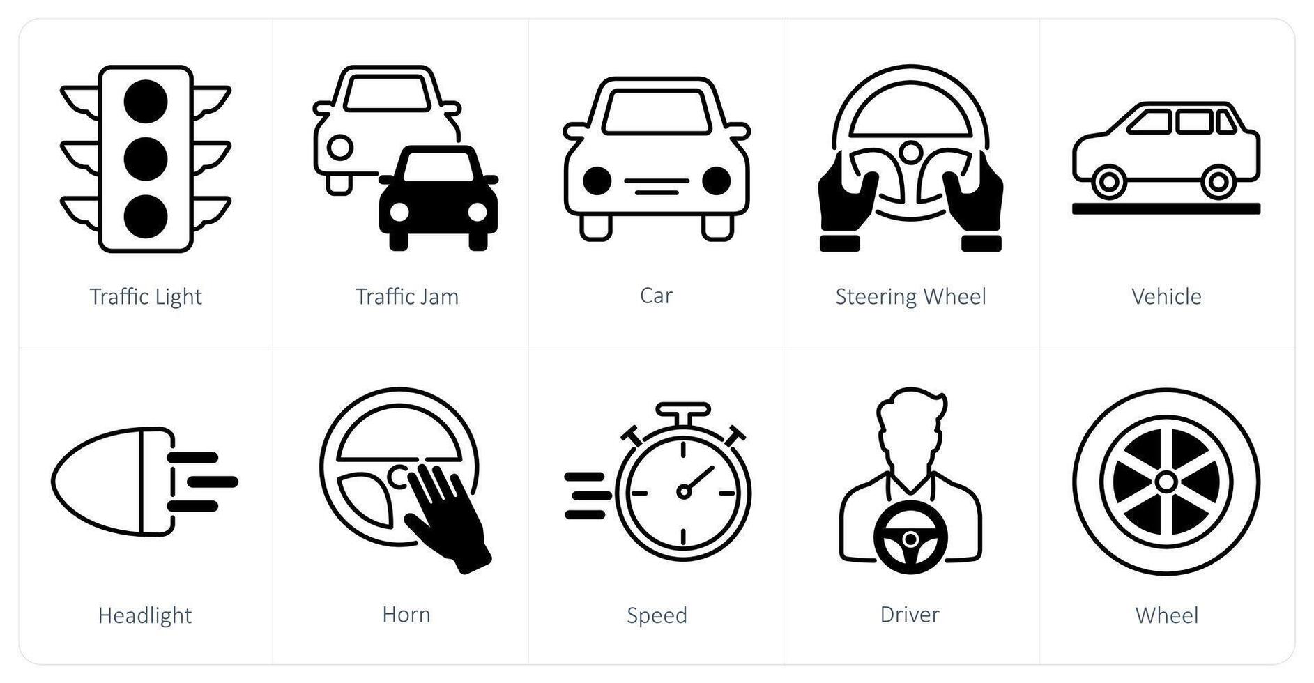 A set of 10 Car icons as traffic light, traffic jam, car vector