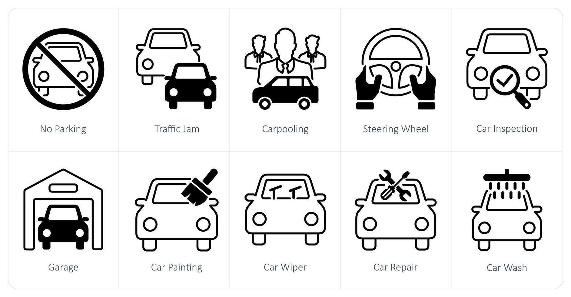 A set of 10 Car icons as no parking, traffic jam, carpooling vector