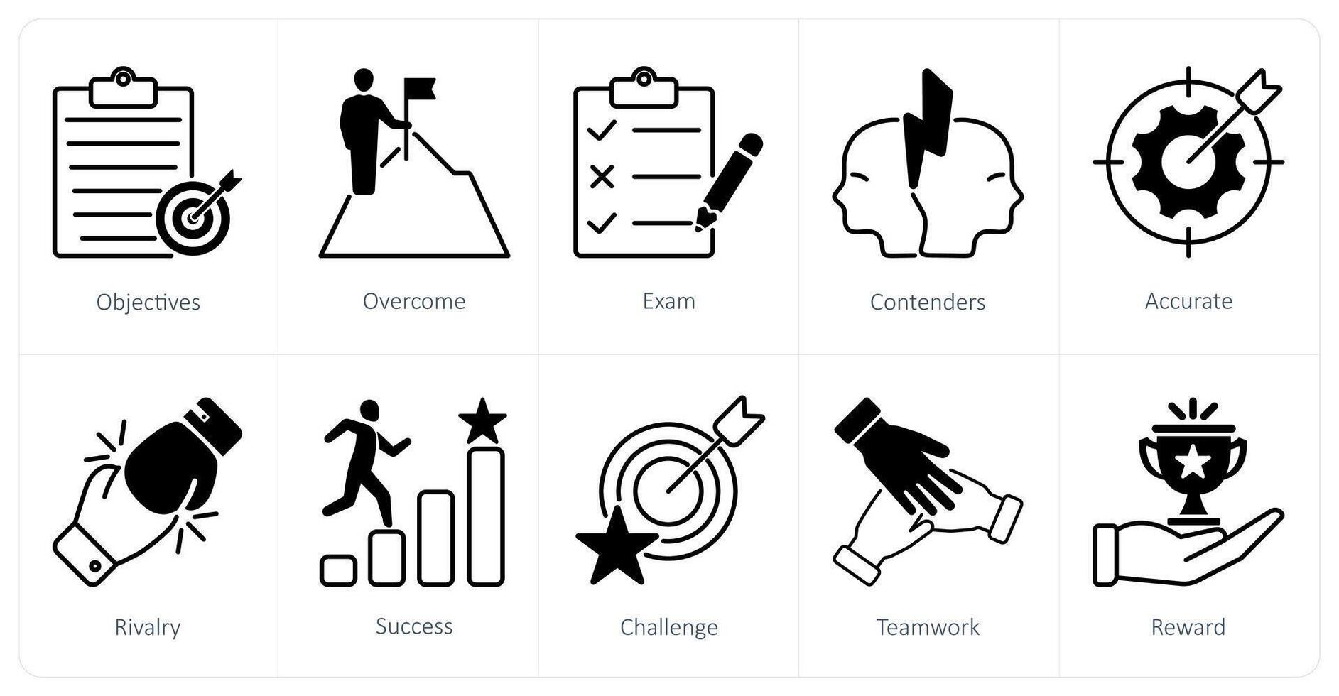 A set of 10 Challenge icons as objectives, overcome, exam vector