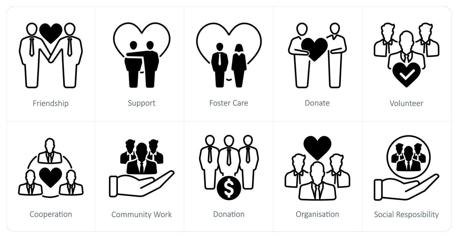A set of 10 Charity and Donation icons as friendship, support, foster care vector