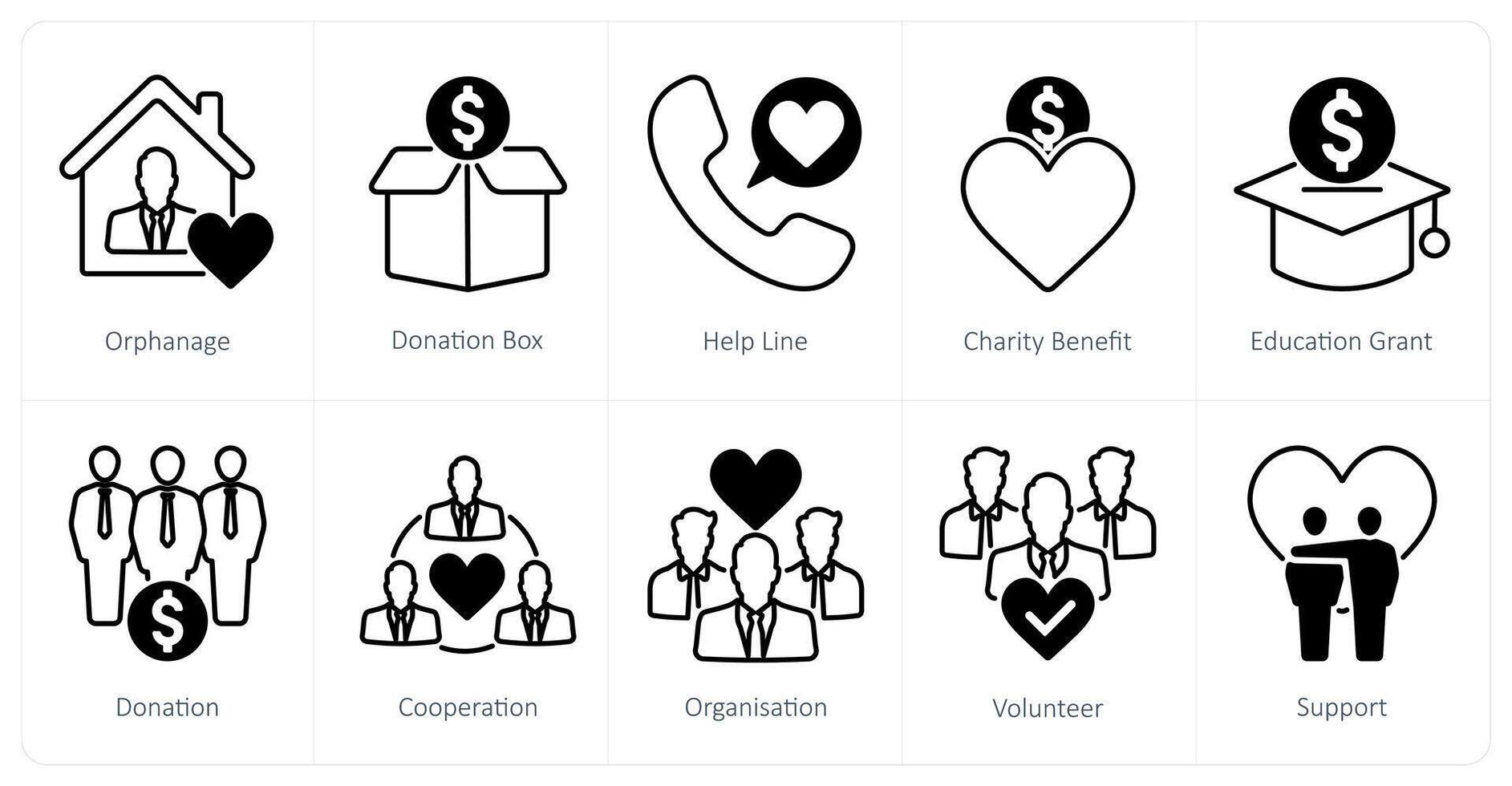 A set of 10 Charity and Donation icons as orphanage, donation box, help line vector