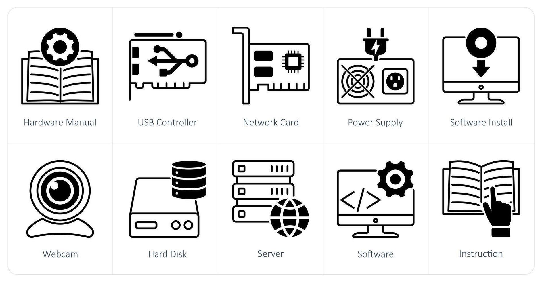 A set of 10 Computer Parts icons as hardware manual, usb controller, network card vector