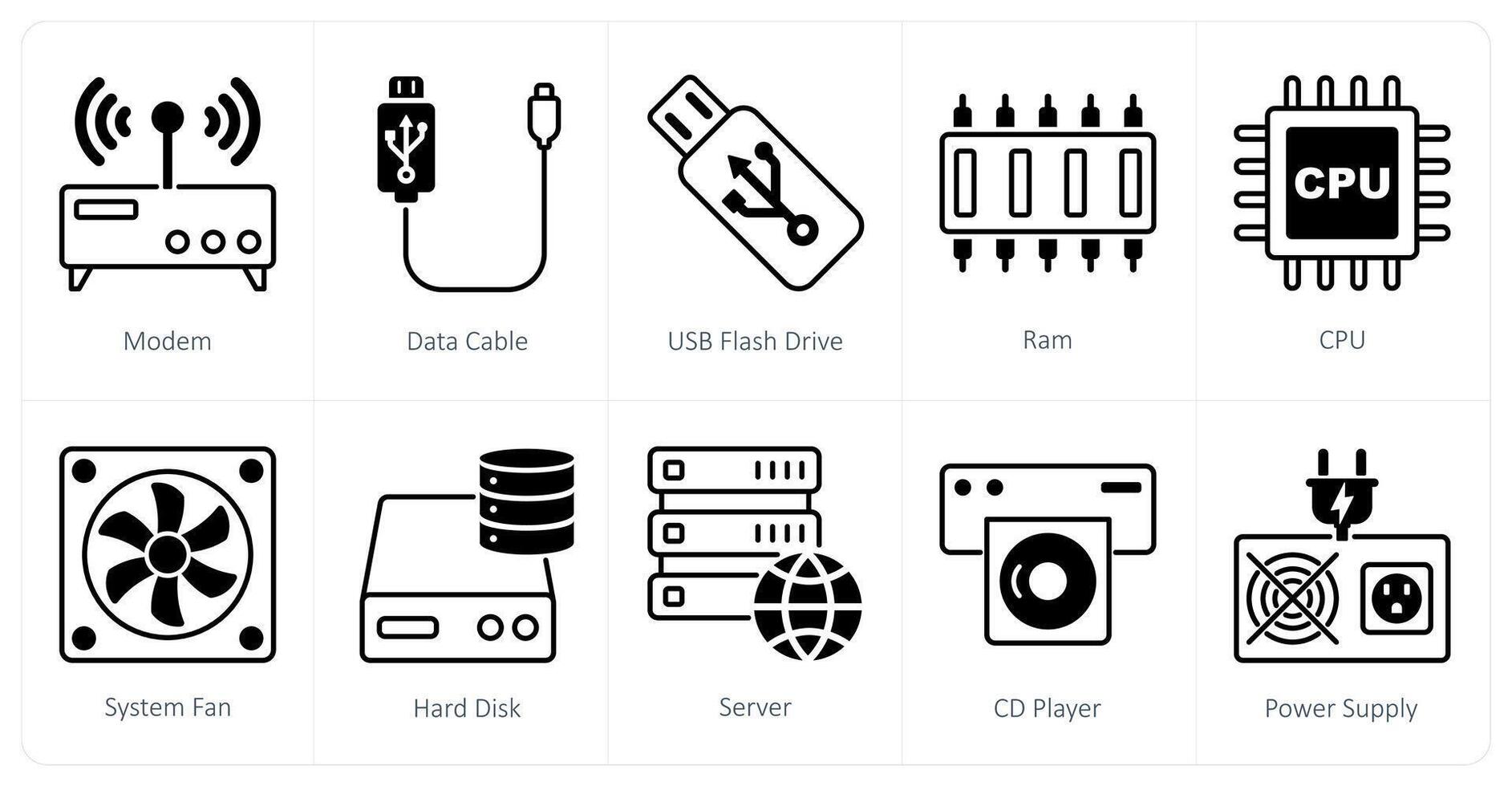 A set of 10 Computer Parts icons as modem, data cable, usb flash drive vector