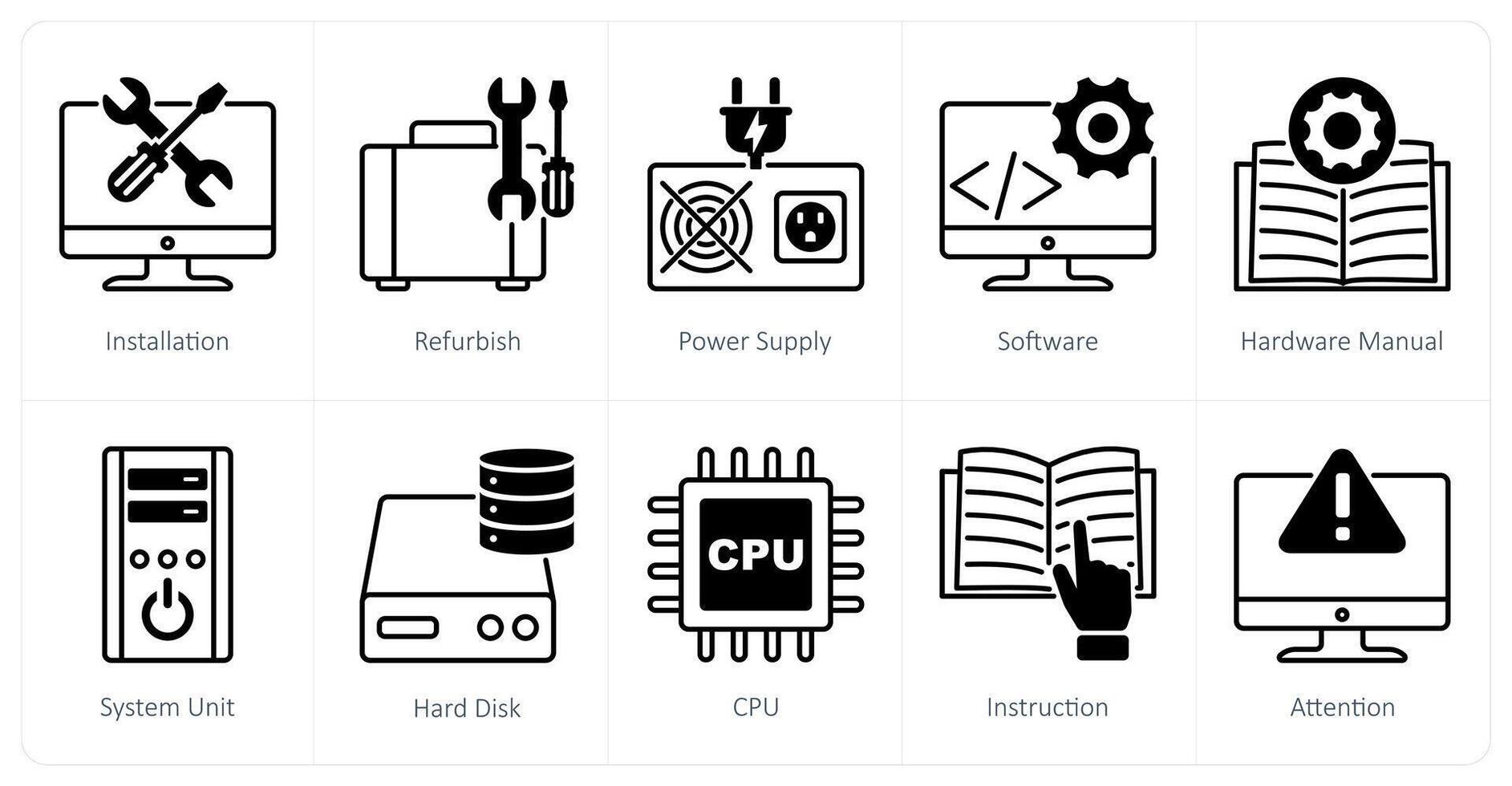 A set of 10 Computer Parts icons as installation, refurnish, power supply vector